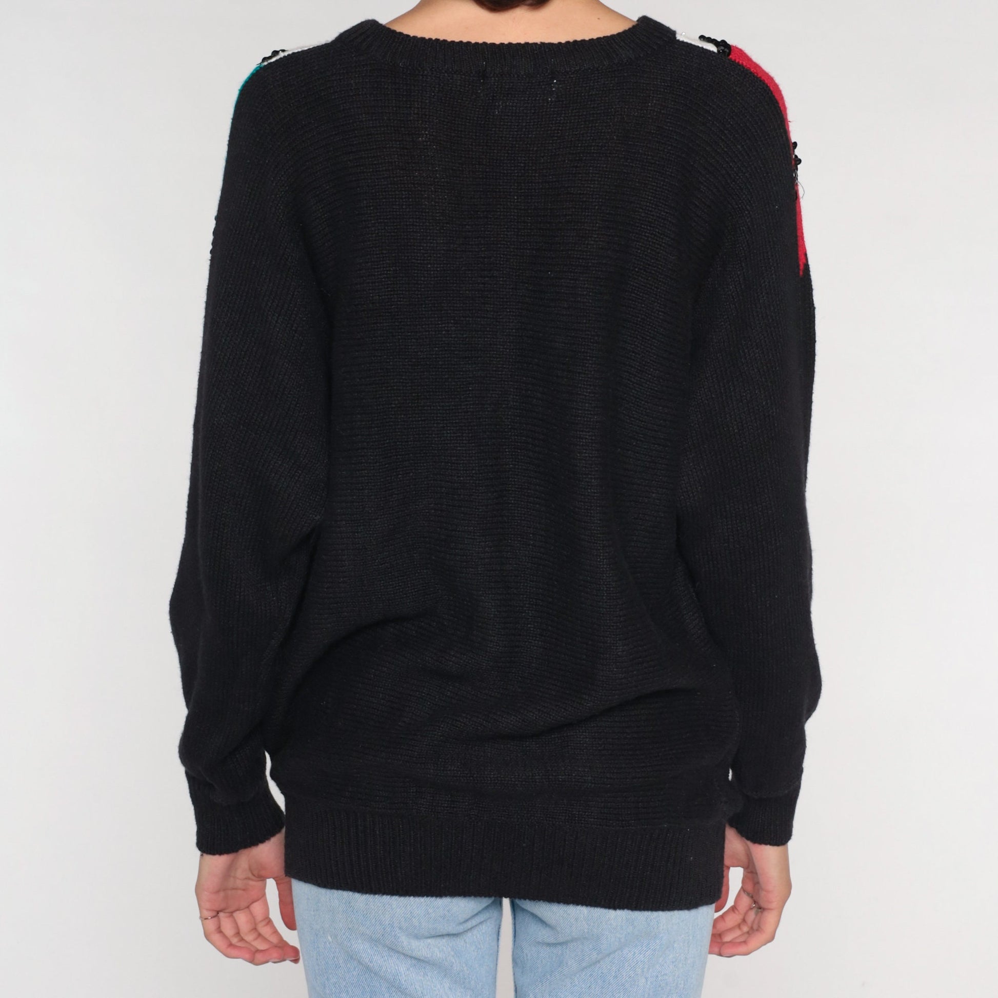 90s Black Sequin Chevron Knit Sweater Embroidered Squiggle Cotton Ramie Extra Large
