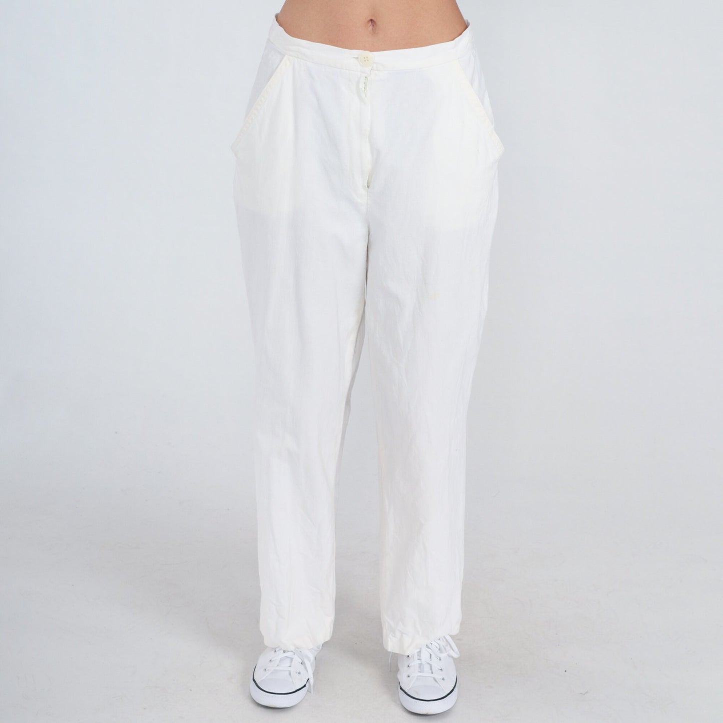 80s White Linen Straight Leg Trousers High Waist Vintage Medium M