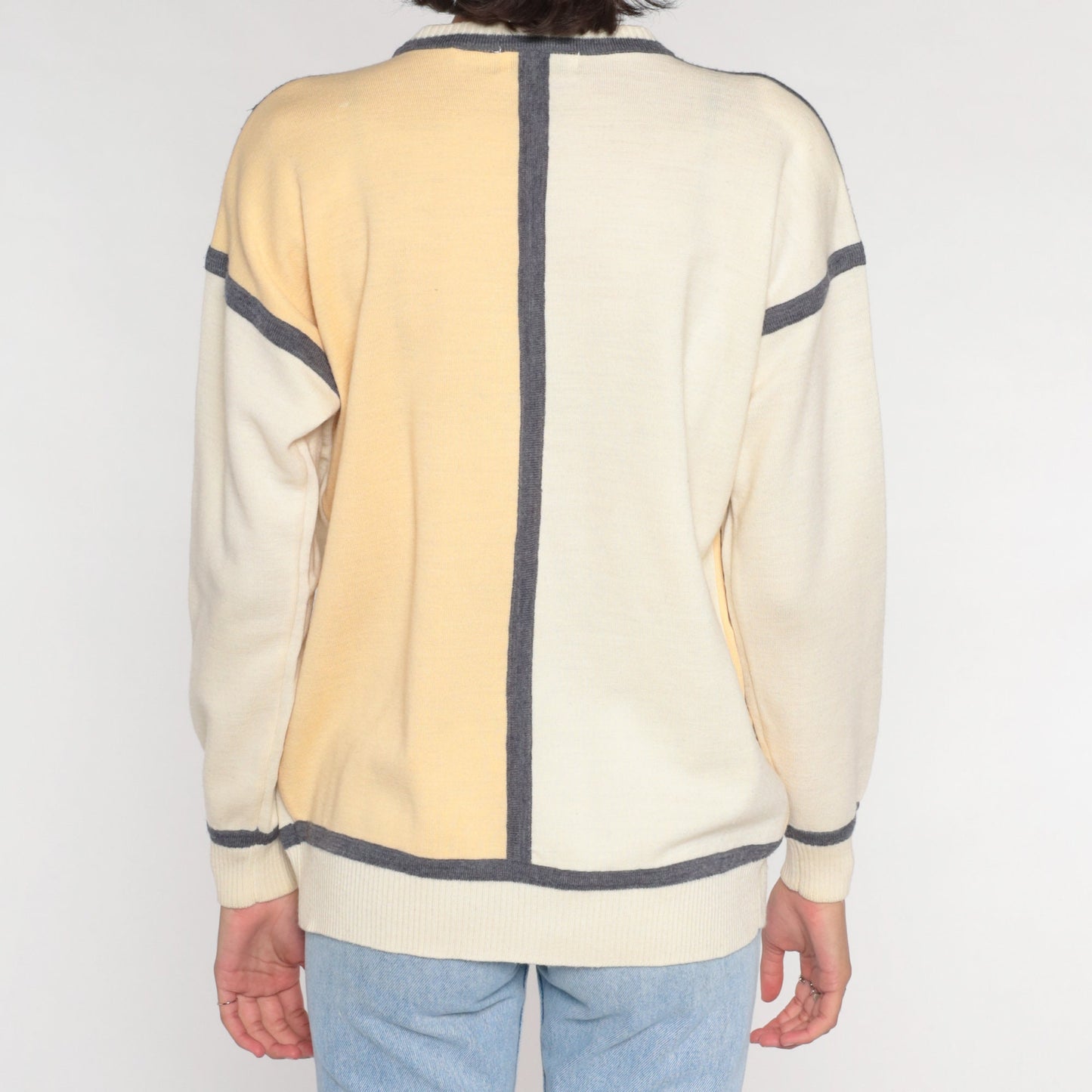 90s Liz Claiborne Wool Blend Crewneck Sweater Beige Grey Trim Medium