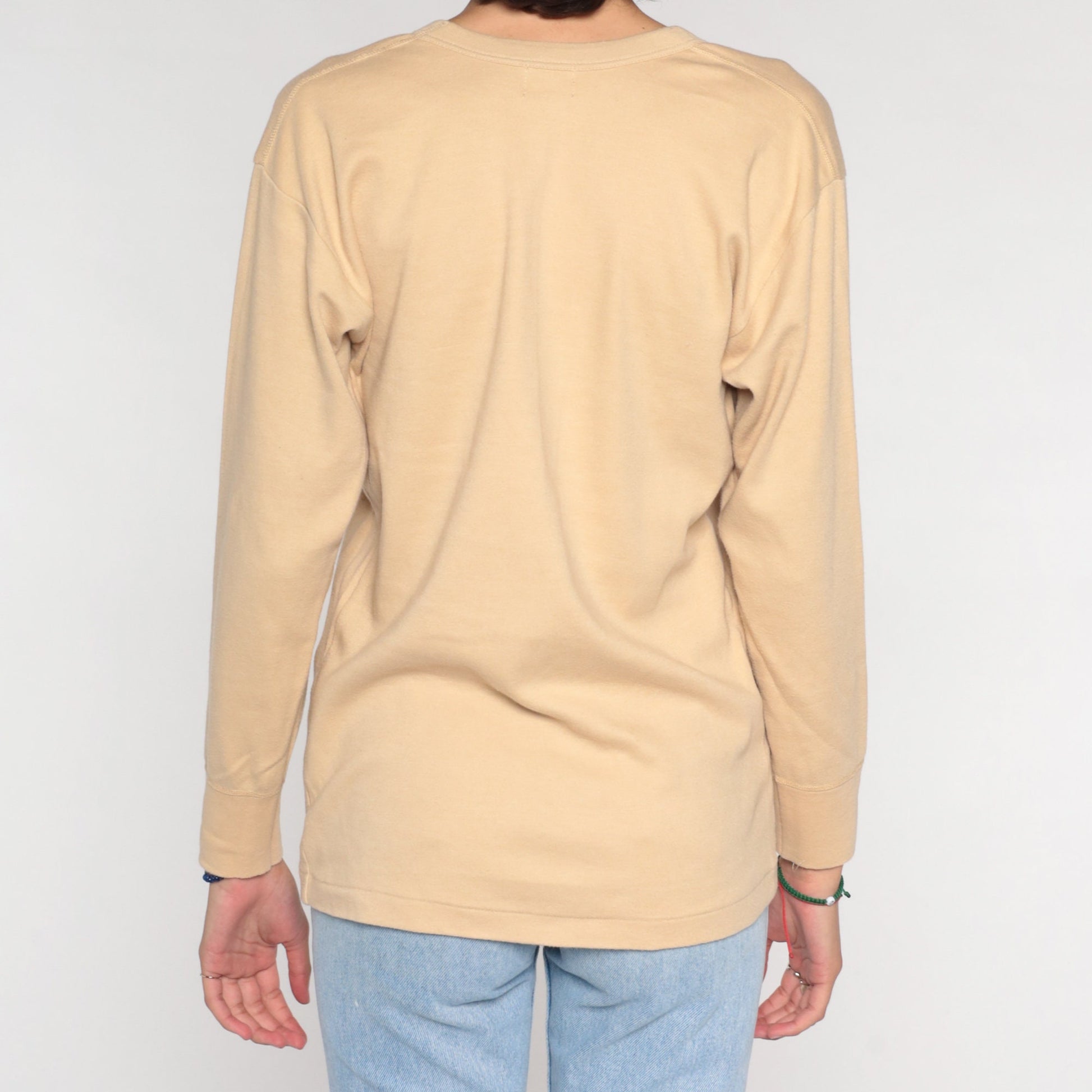 00s Tan Long Sleeve T-Shirt Plain Crewneck Cotton Blend Large L