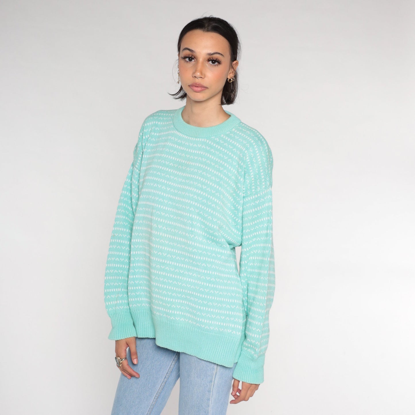 90s Eddie Bauer Seafoam Striped Knit Sweater Crewneck Cotton Medium