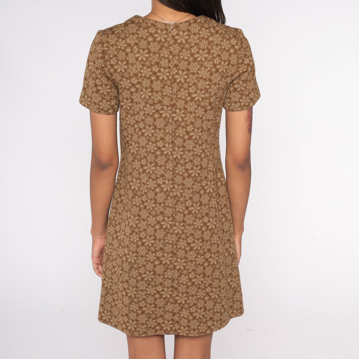 60s Floral Brown Wool Blend Shift Mini Dress Short Sleeve Extra Small
