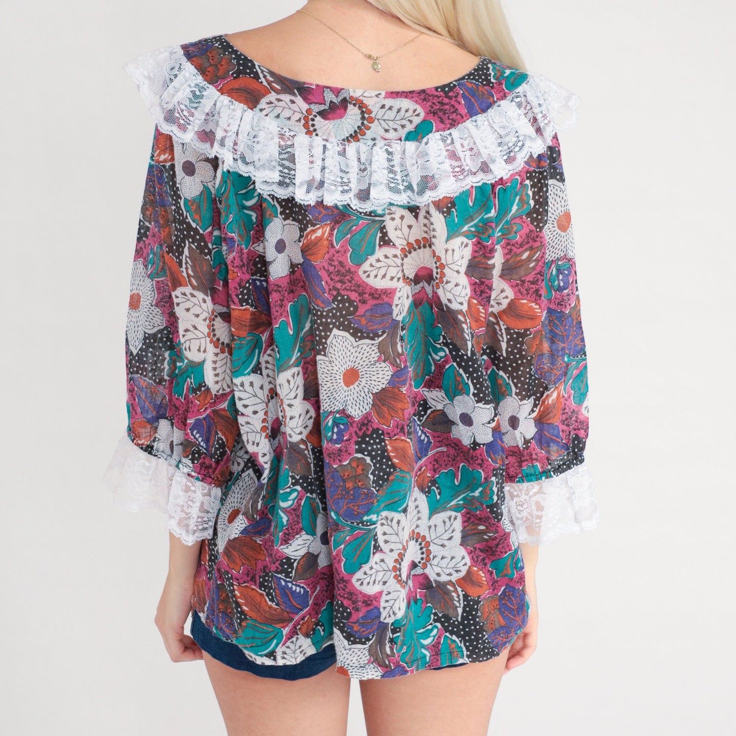 80s Floral Lace Blouse V-Neck Ruffle Tropical Print 3/4 Sleeve Large L
