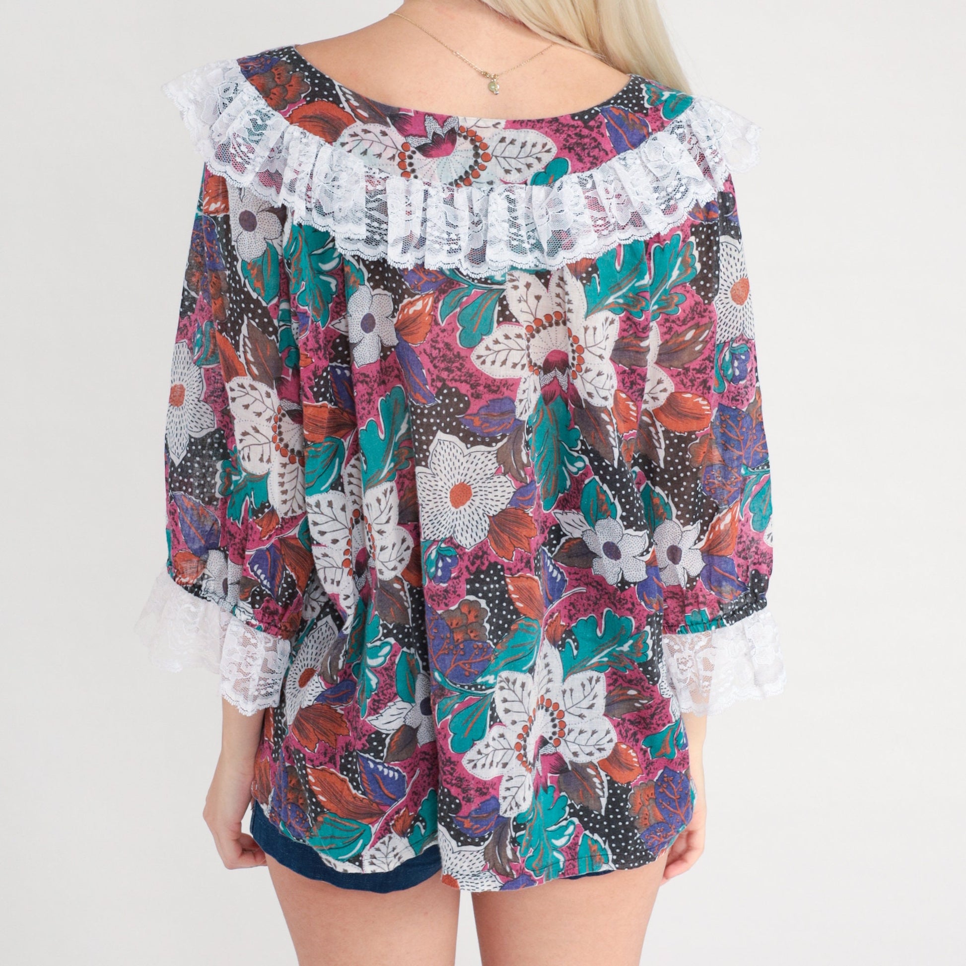 80s Floral Lace Blouse V-Neck Ruffle Tropical Print 3/4 Sleeve Large L
