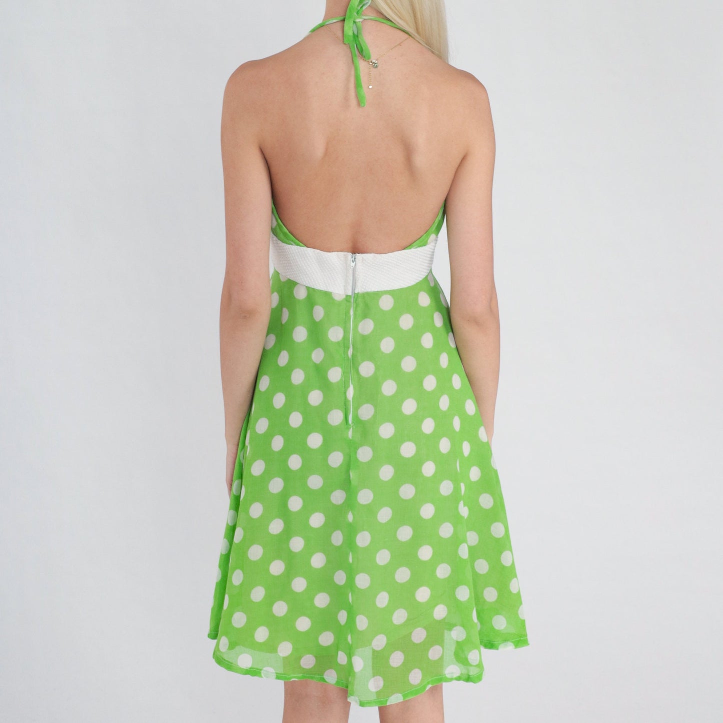 70s Green Polka Dot Halter Mini Dress Empire Waist Low Back Small