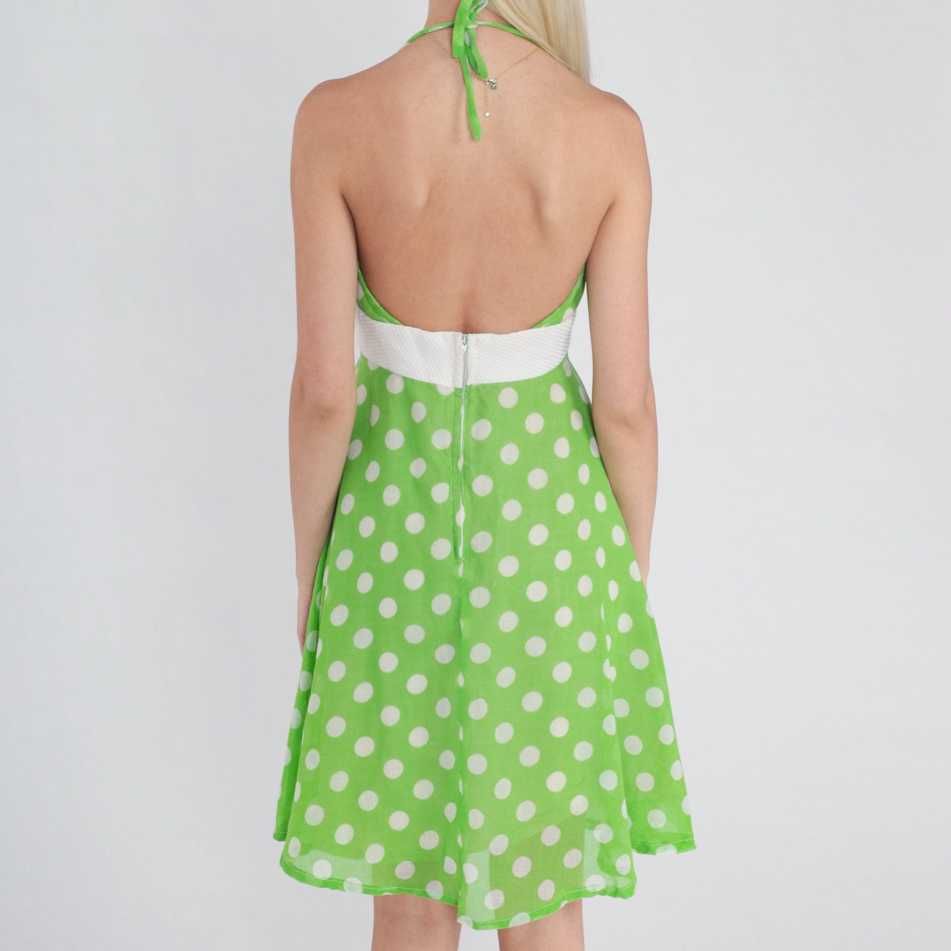 70s Green Polka Dot Halter Mini Dress Empire Waist Low Back Small