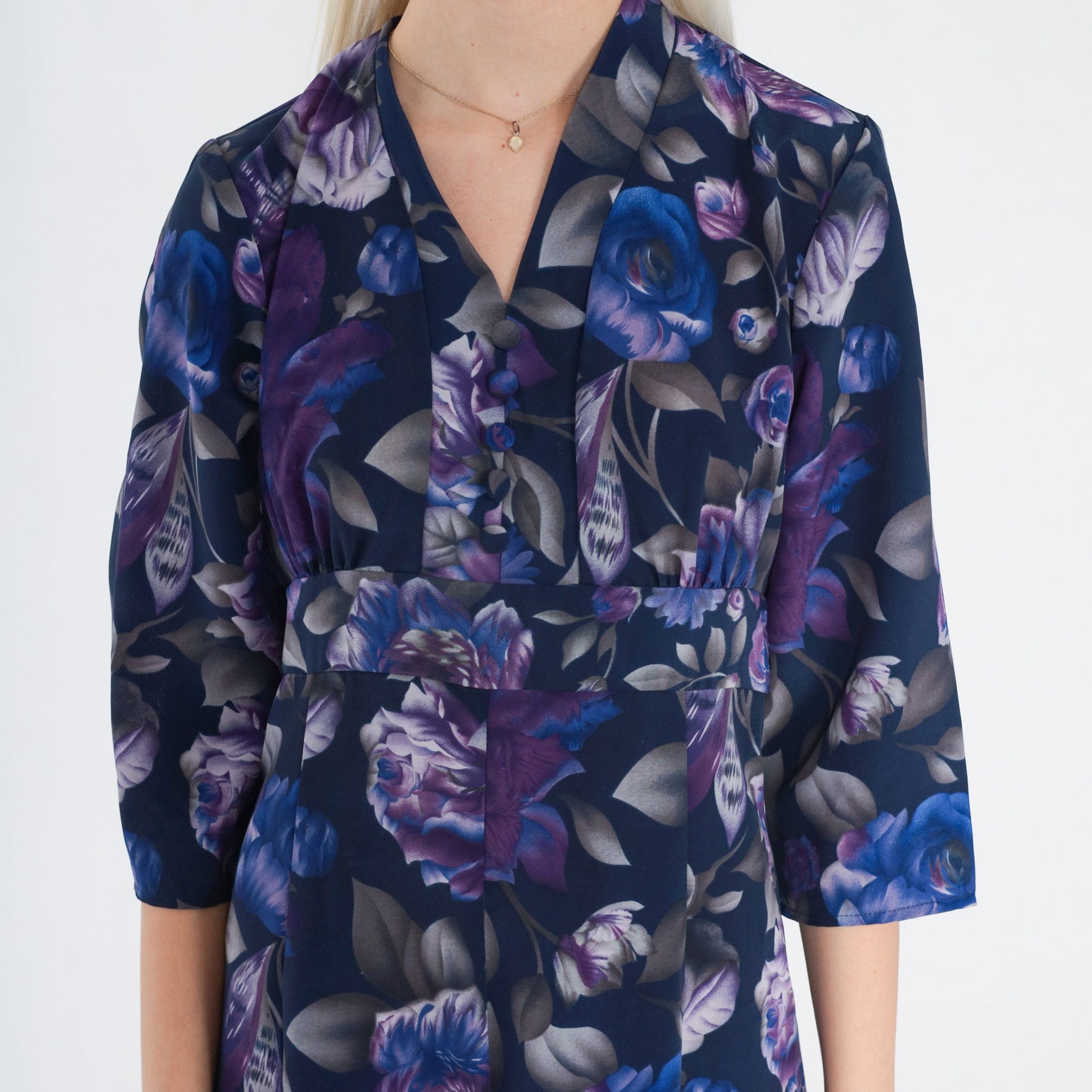 70s Purple Rose Floral Midi Dress Empire Waist V-Neck Button Front Small