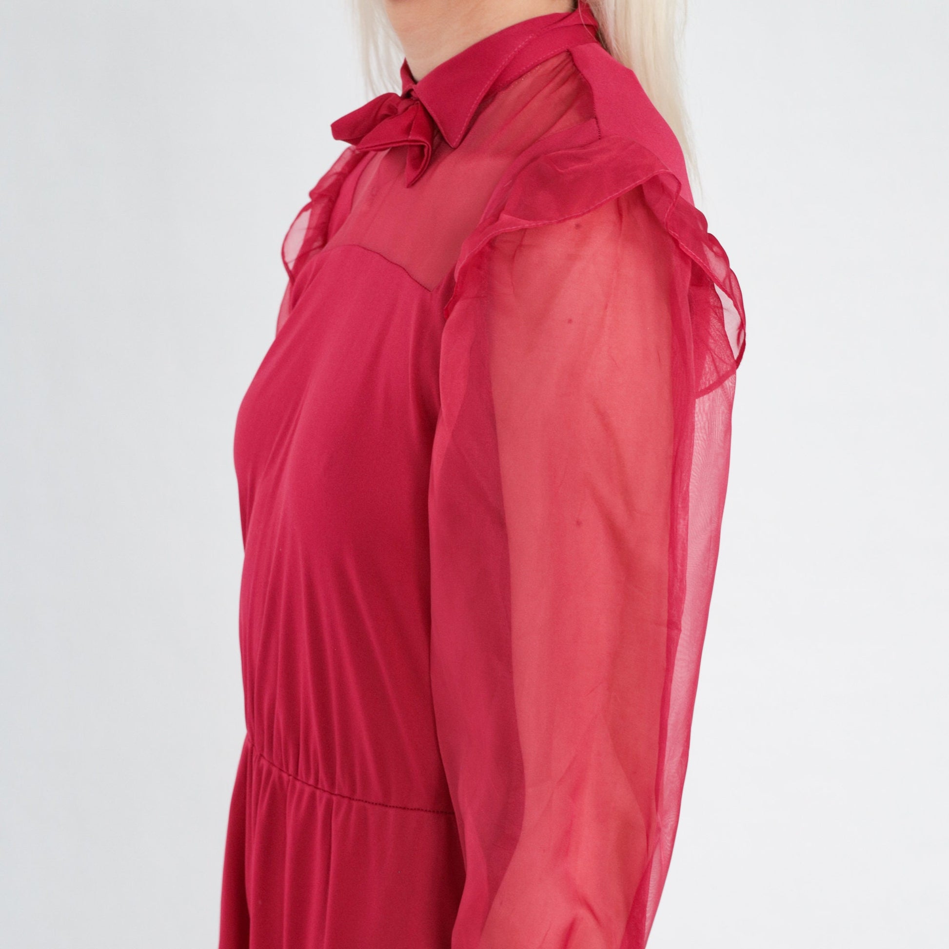 70s Raspberry Red Midi Dress Collared Bow Tie Ruffled Sheer Sleeve Extra Small