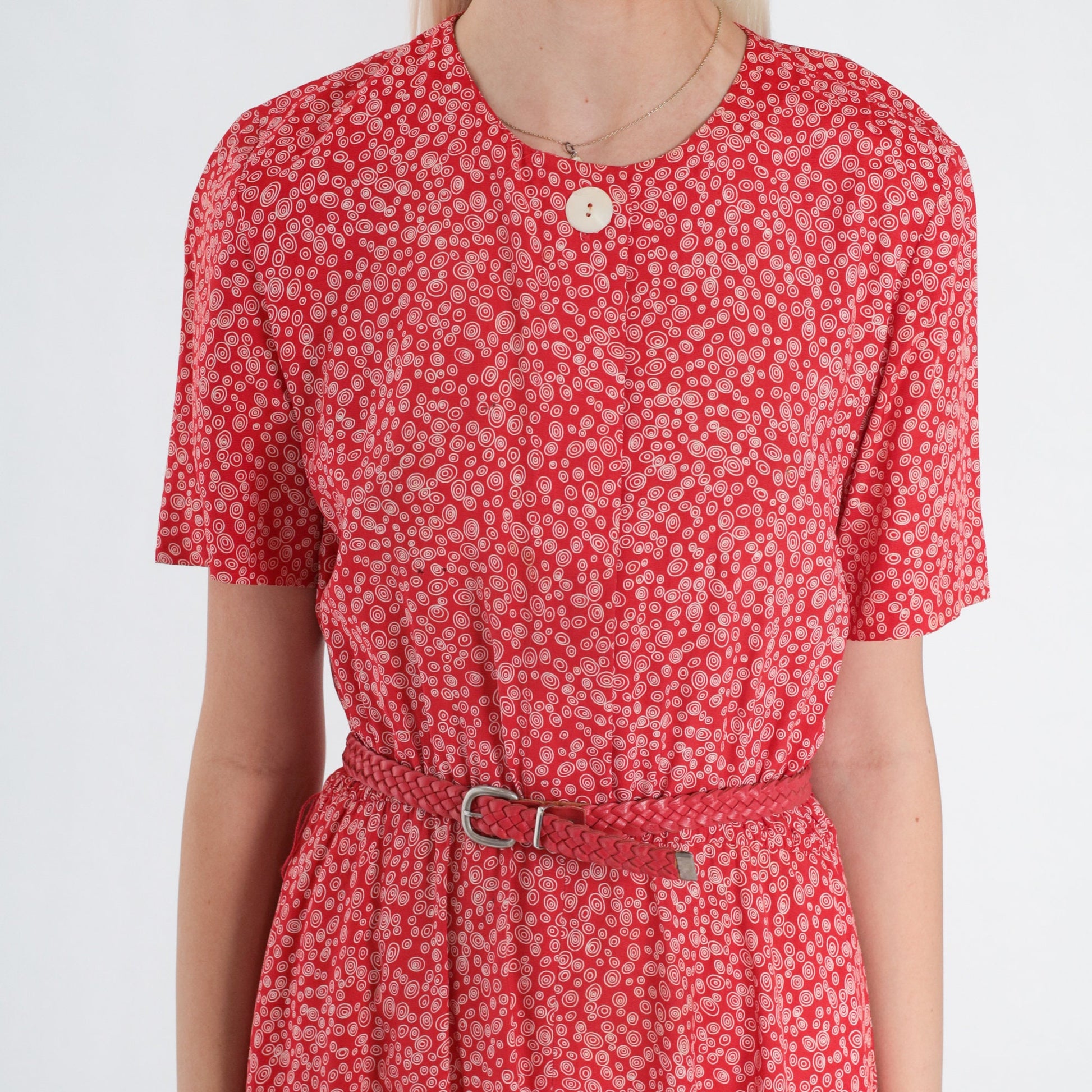 90s Talbots Red Swirl Print Midi Dress Button-Up High Waist Short Sleeve XS