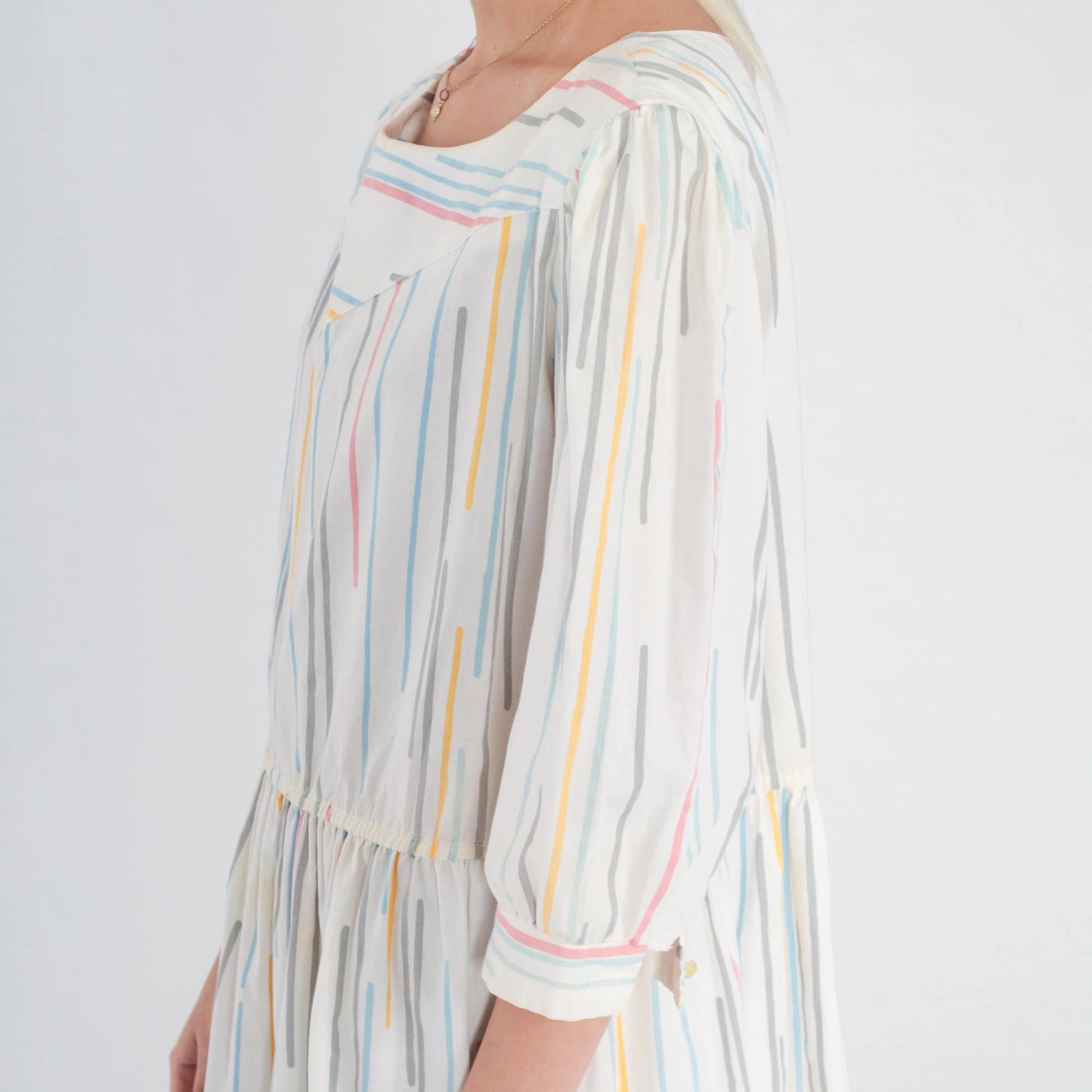 80s Striped Midi Dress Puff Sleeve White Multicolor High Waist Large L