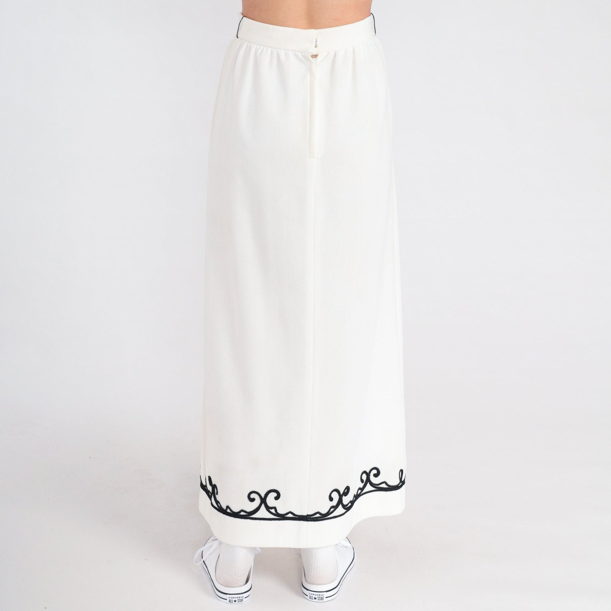 70s White Maxi Skirt Black Soutache Trim High Waist Column Extra Small