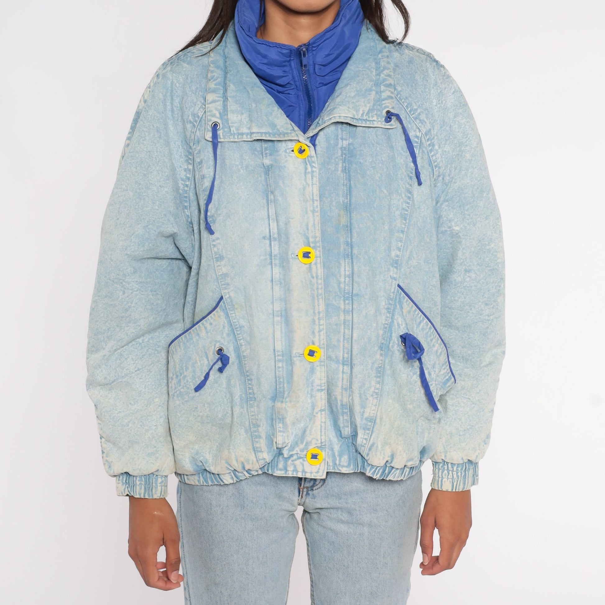 90s Acid Wash Denim Puffer Jacket Blue Funnel Neck Button Up Small S