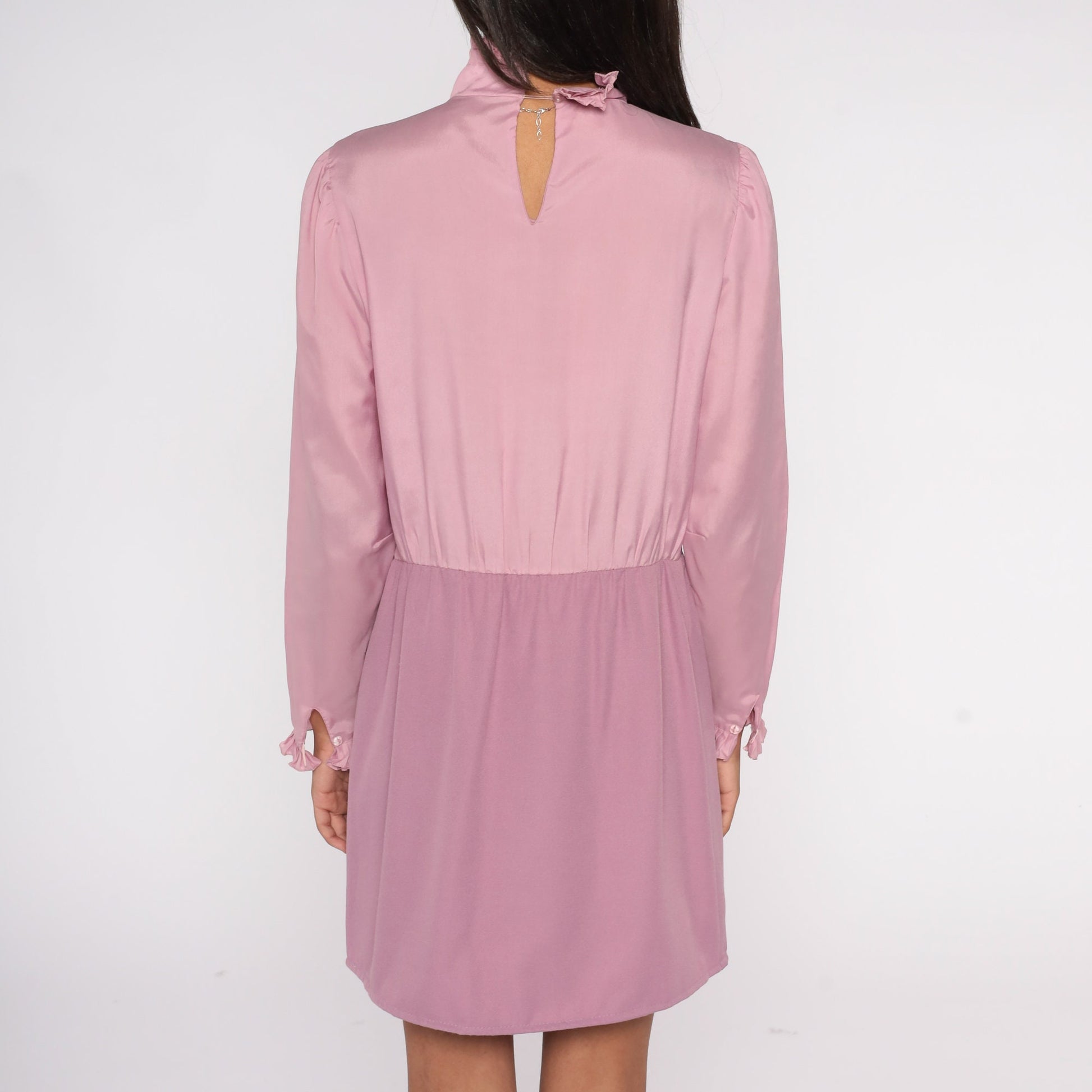 70s Pink Mini Dress Ruffle Collar Puff Sleeve High Waist Medium