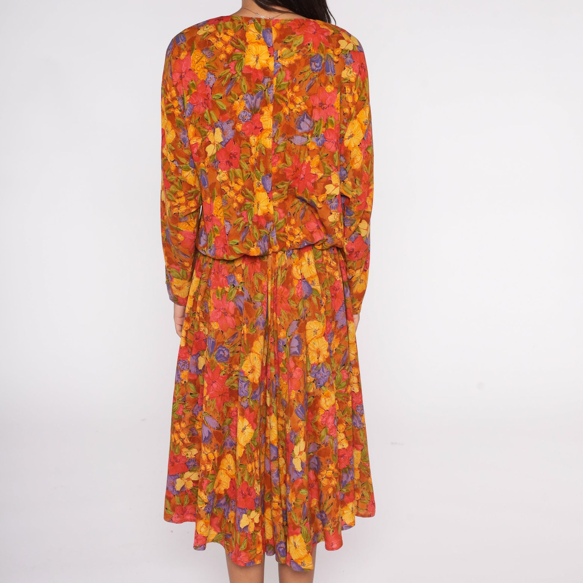 80s Burnt Orange Floral Blouson Maxi Dress Dolman Sleeve Button-Up Medium 8