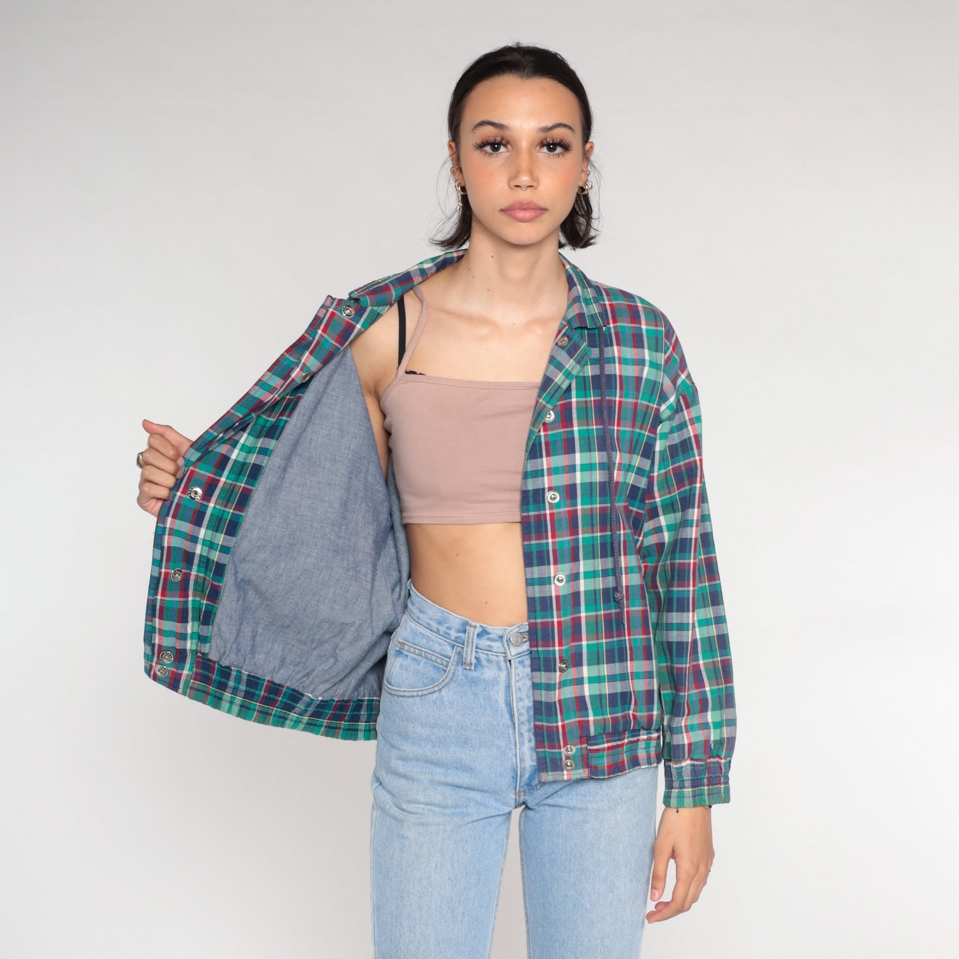 80s Plaid Windbreaker Snap Jacket Blue Red Green Small