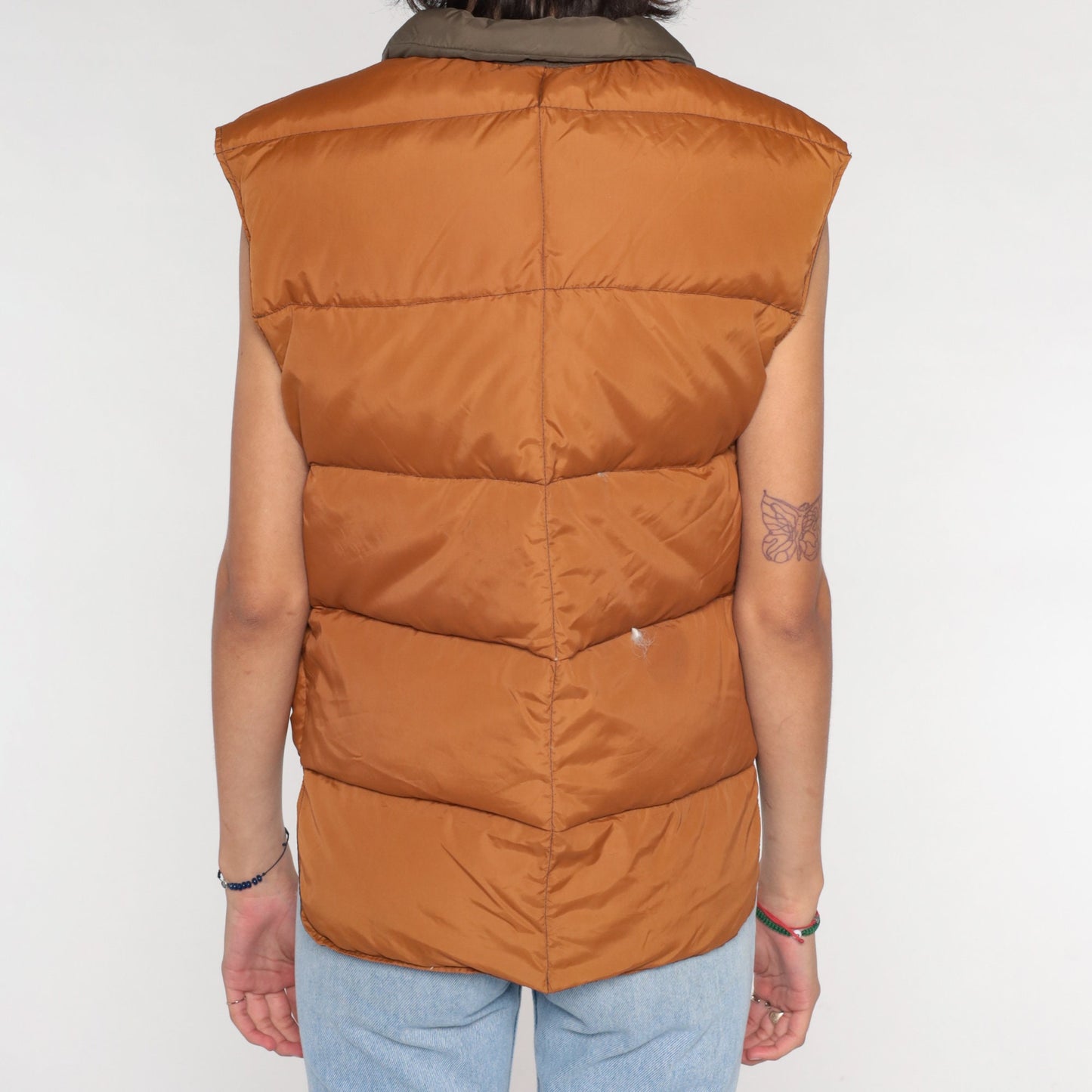 80s Reversible Puffer Vest Brown Down Fill Nylon Sleeveless Small