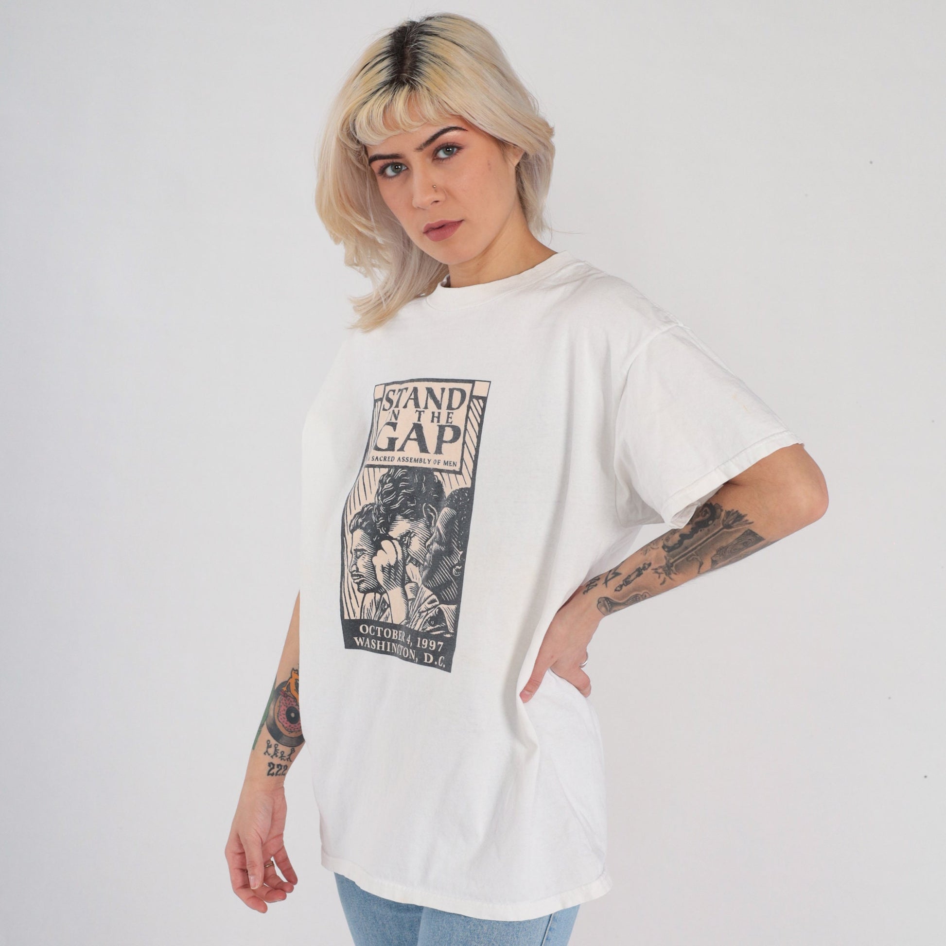 90s Stand in the Gap Christian TV Graphic T-Shirt White Cotton Large L
