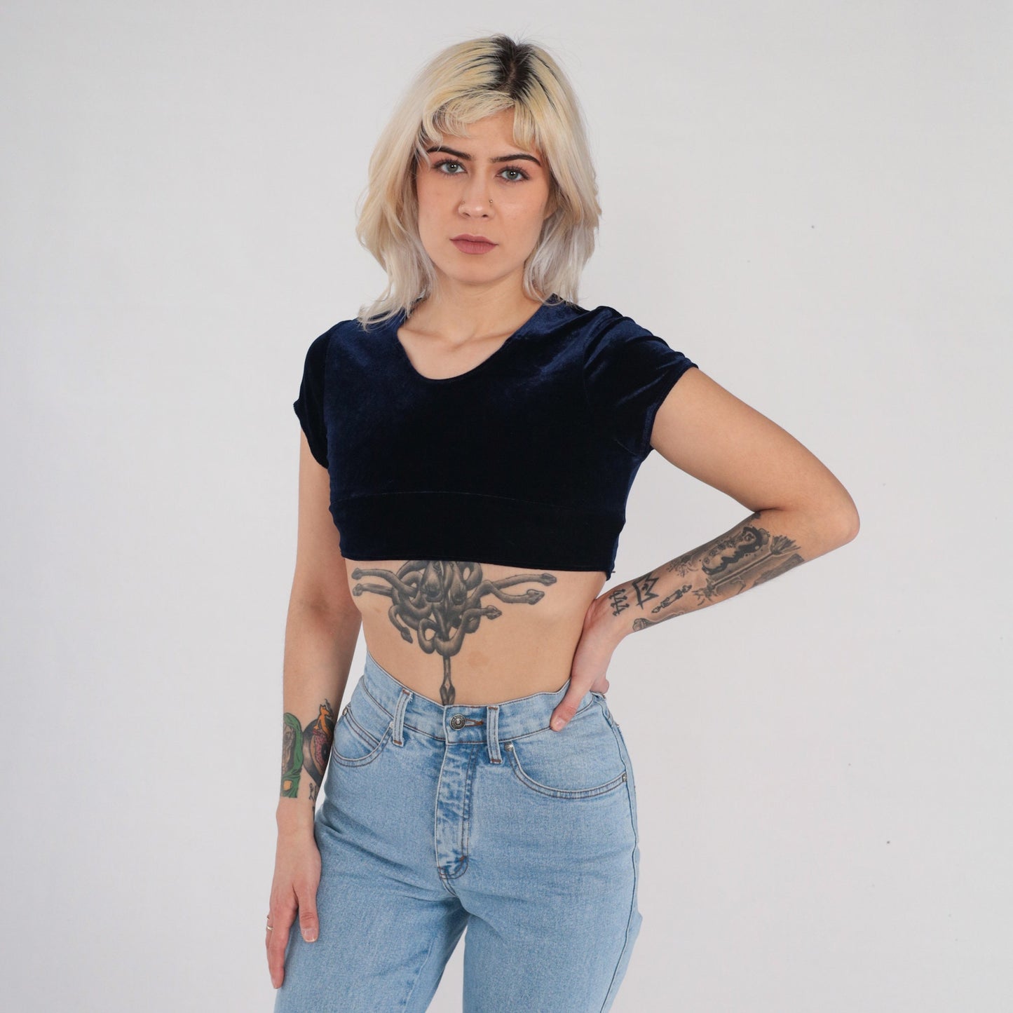 Y2K Navy Velvet Crop Top Short Sleeve Blouse Small XS