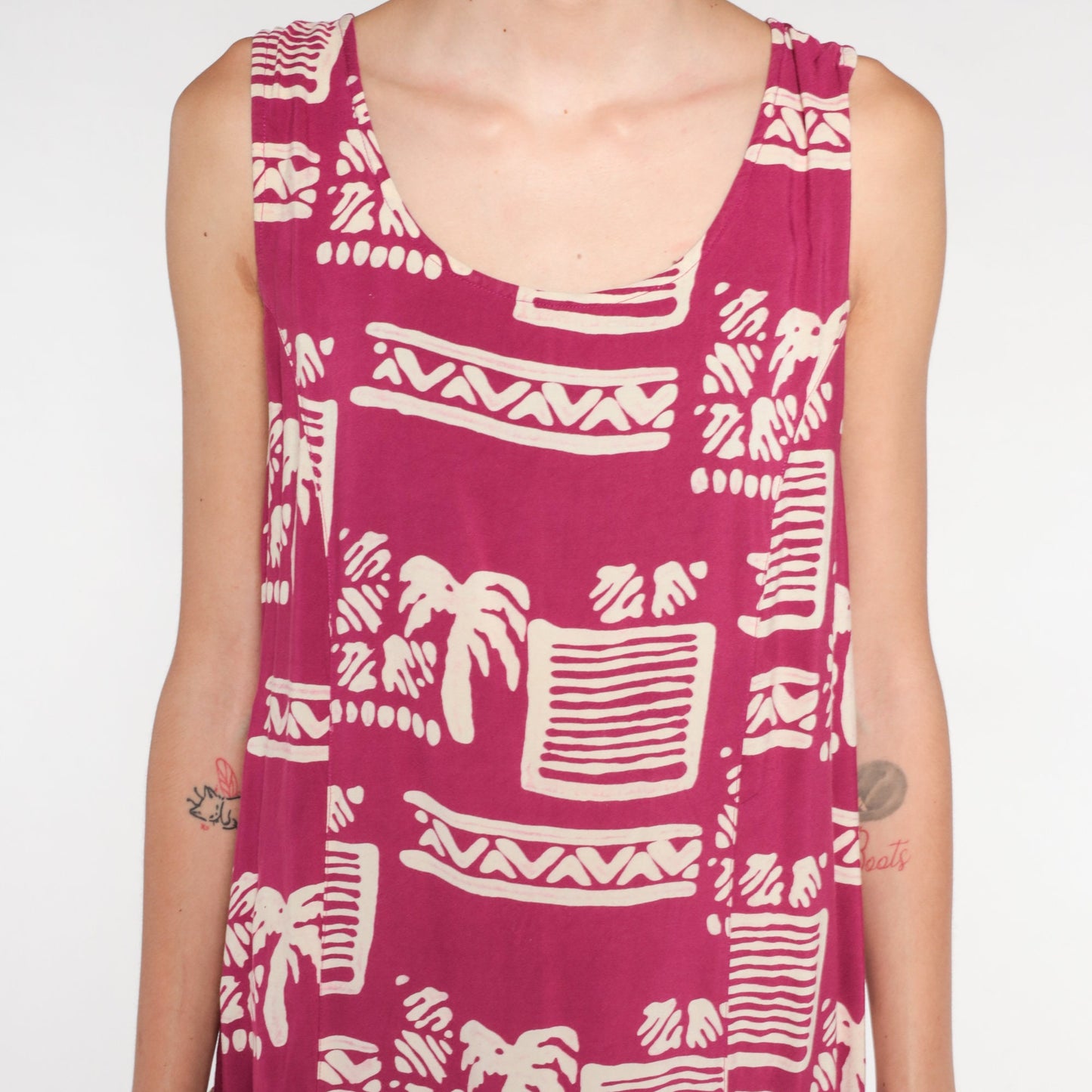 90s Dark Pink Tropical Palm Tree Mini Dress Geometric Print Sleeveless Small