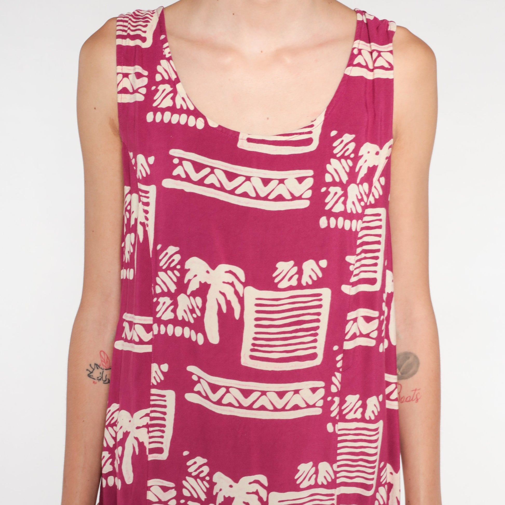 90s Dark Pink Tropical Palm Tree Mini Dress Geometric Print Sleeveless Small