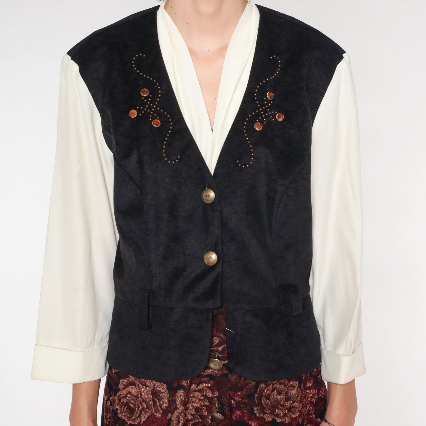 90s Layered Vest Dress White Floral Mini Button-Up Black Long Sleeve Medium
