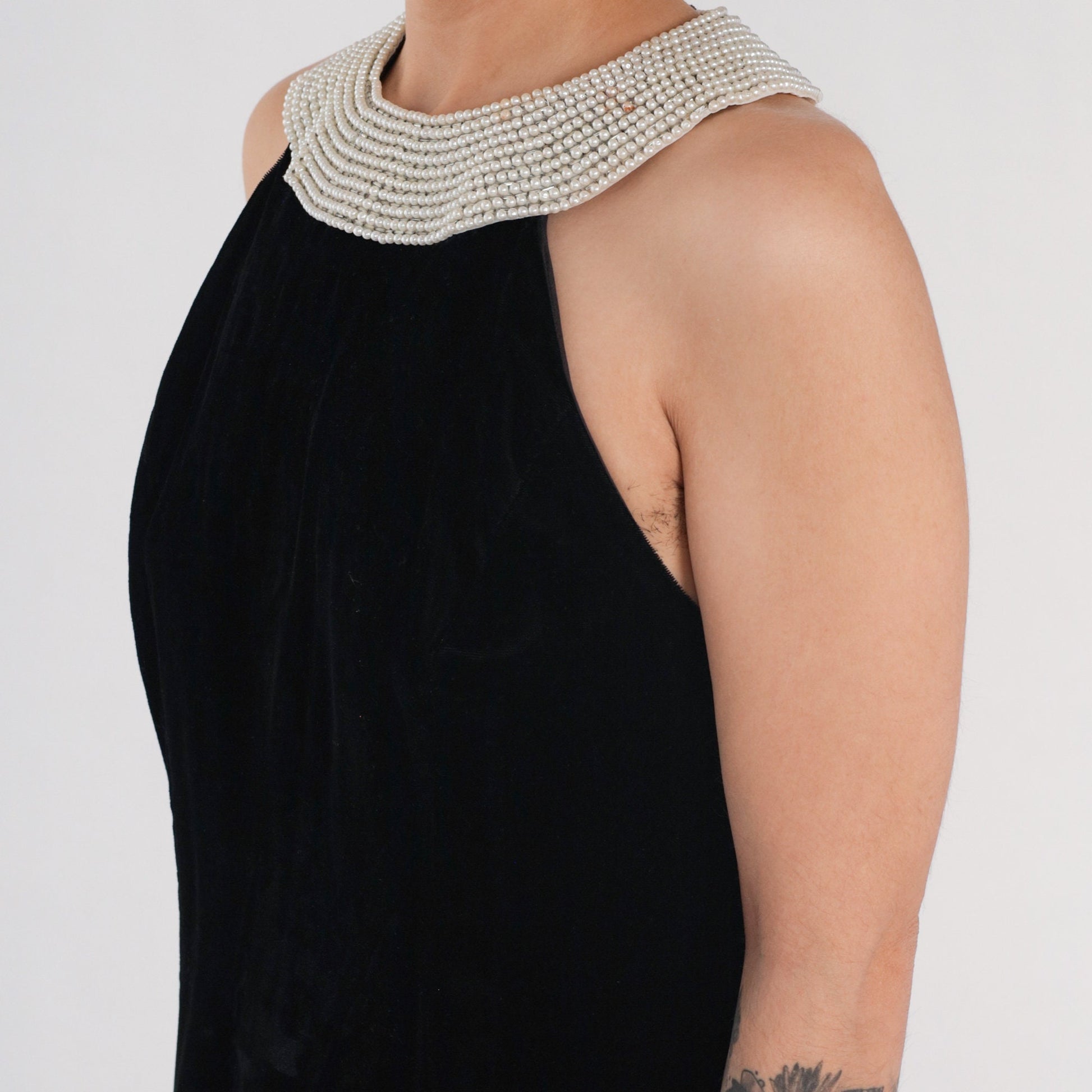 90s Black Velvet Mini Dress Pearl Beaded Sleeveless Sheath Small S