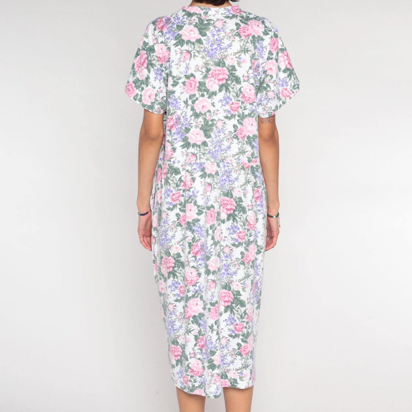 90s Floral Keyhole Tie Midi Dress White Rose Print Short Sleeve Large L