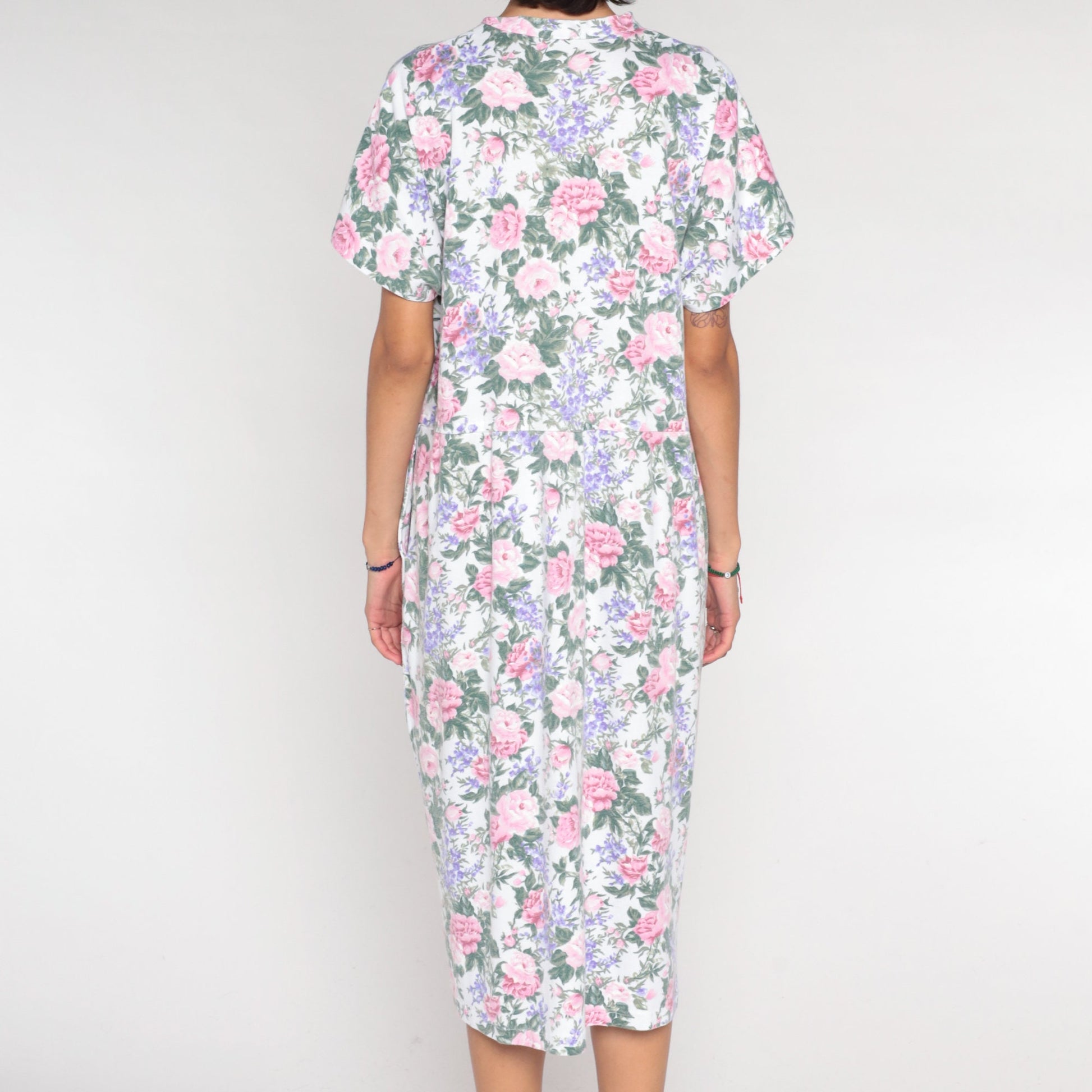 90s Floral Keyhole Tie Midi Dress White Rose Print Short Sleeve Large L