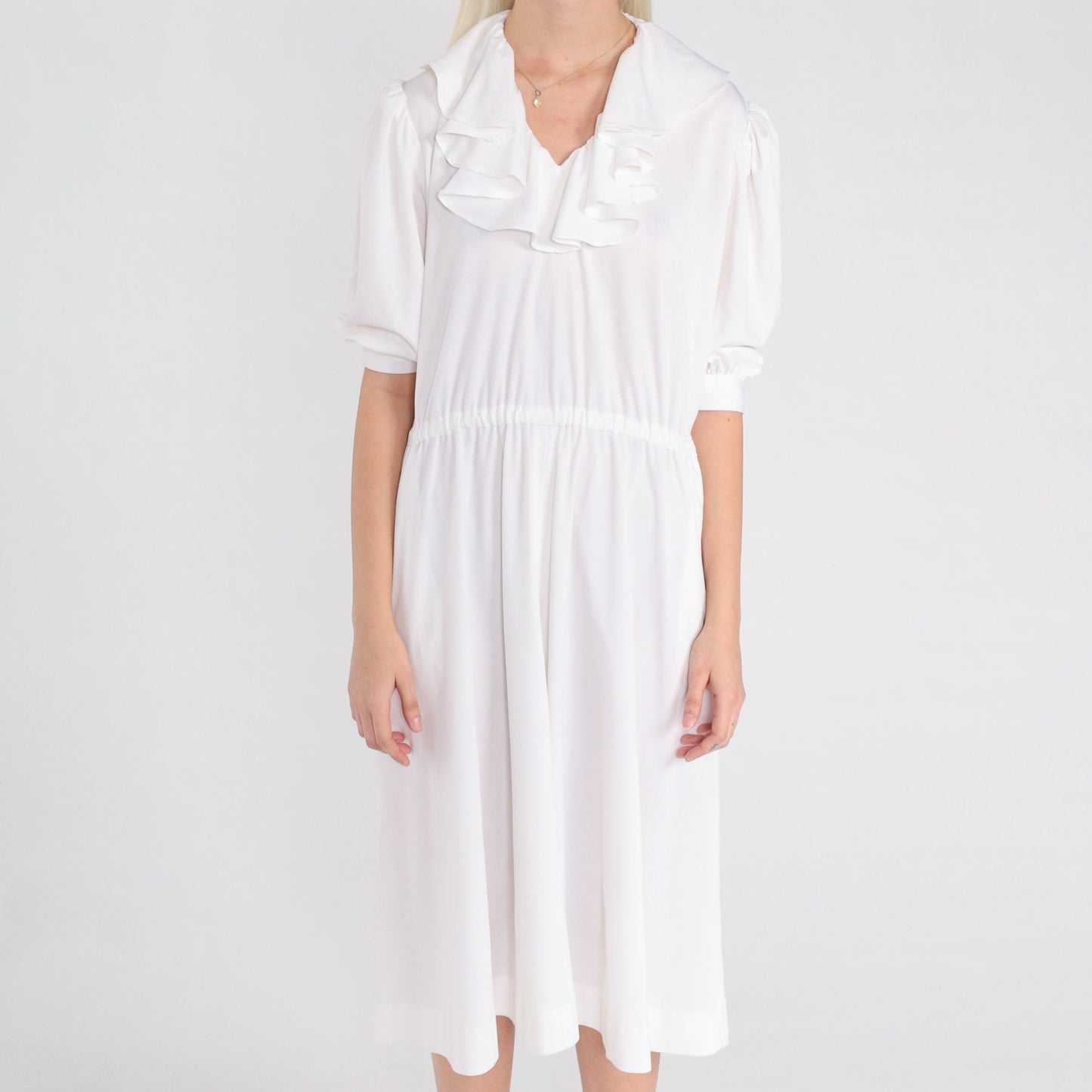 70s White Ruffle Midi Dress Puff Sleeve High Waist V Neck Medium Large
