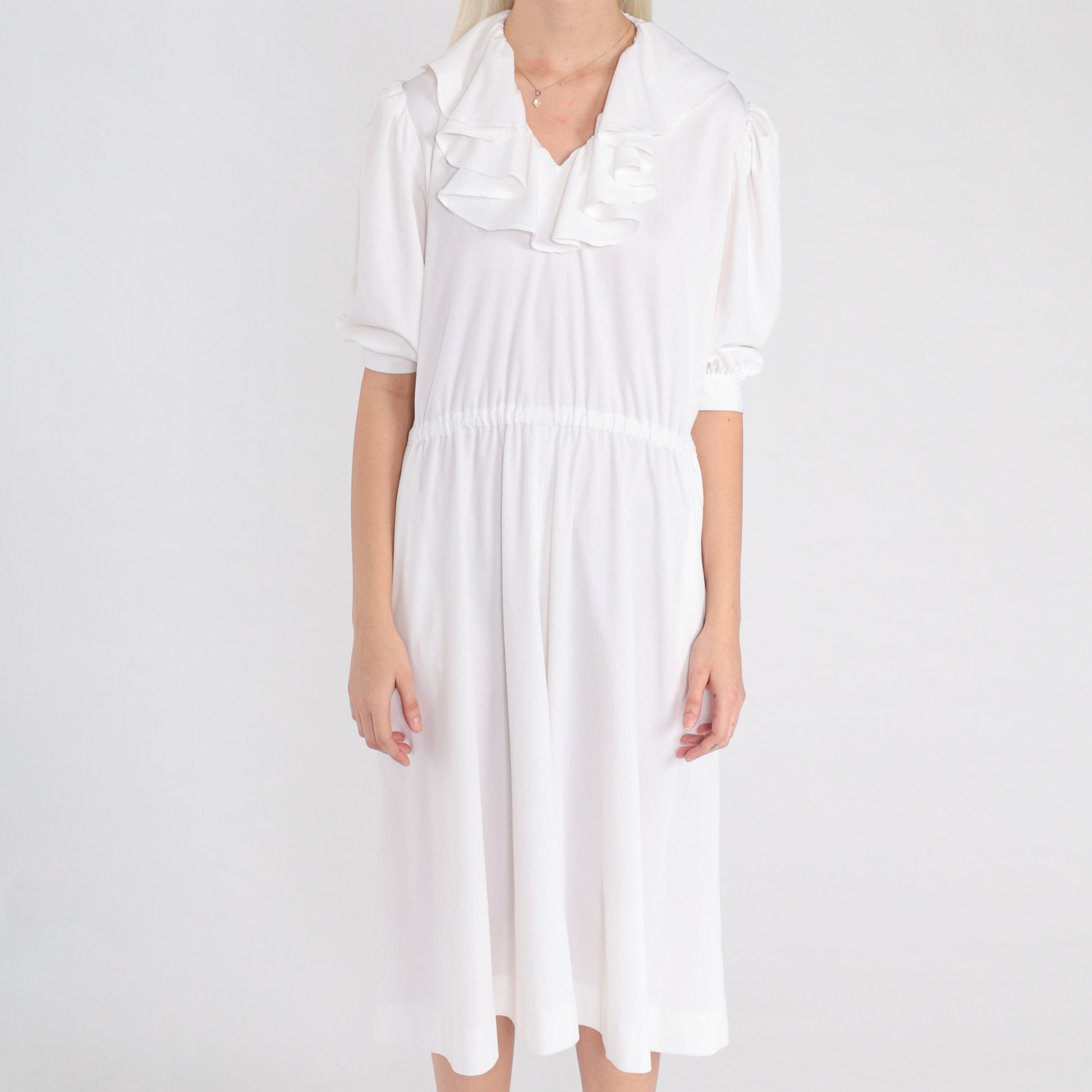 70s White Ruffle Midi Dress Puff Sleeve High Waist V Neck Medium Large