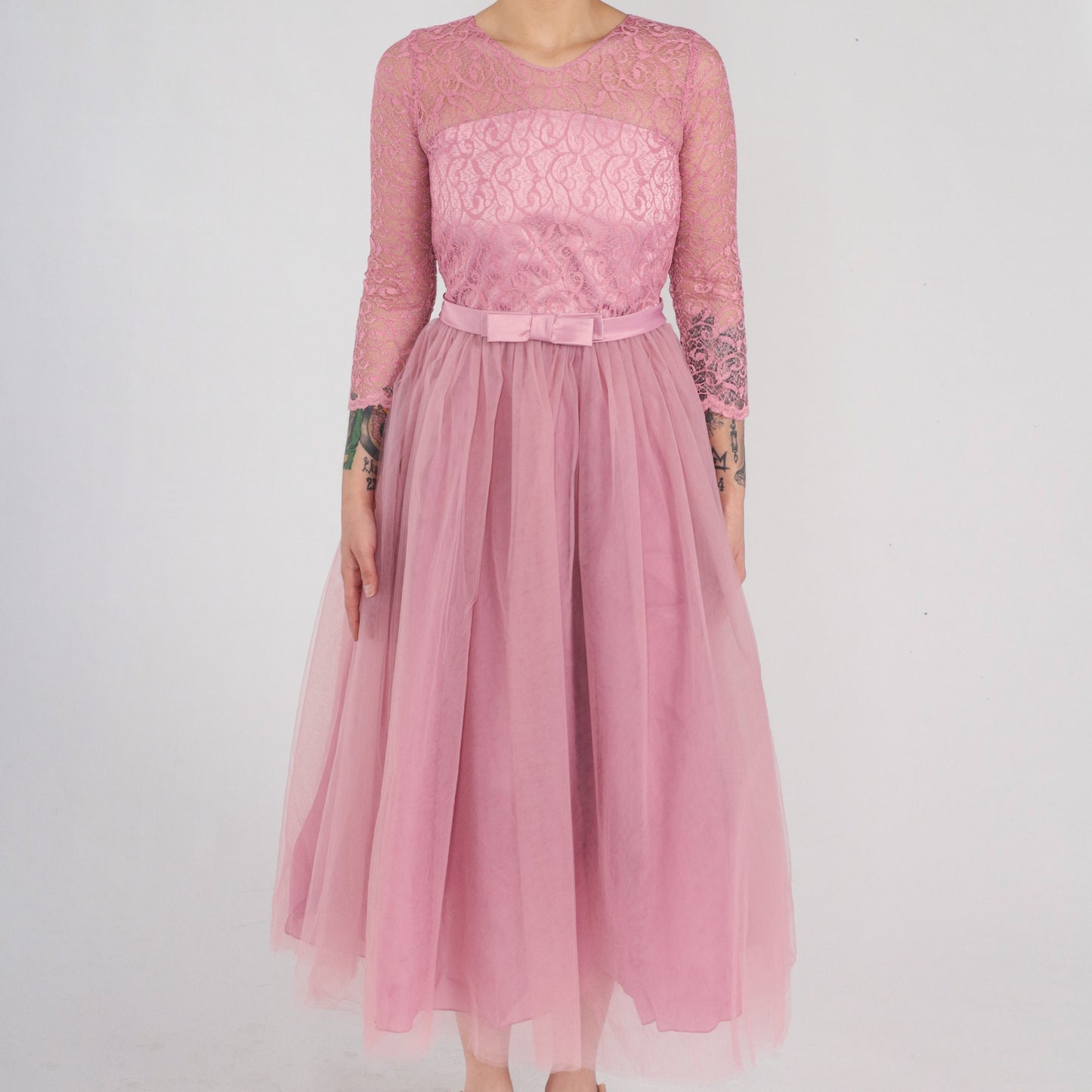 1960s Pink Lace Tulle Midi Dress High Waist Illusion Neckline XXS
