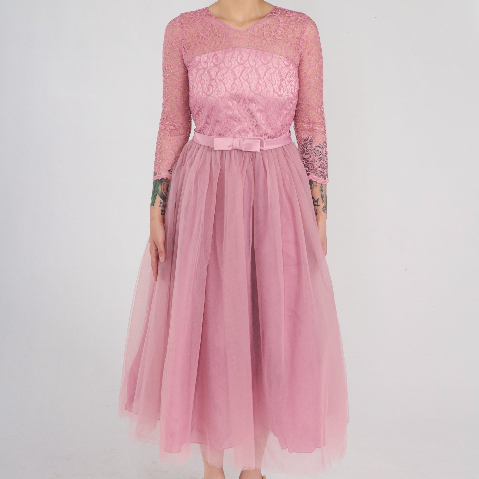 1960s Pink Lace Tulle Midi Dress High Waist Illusion Neckline XXS