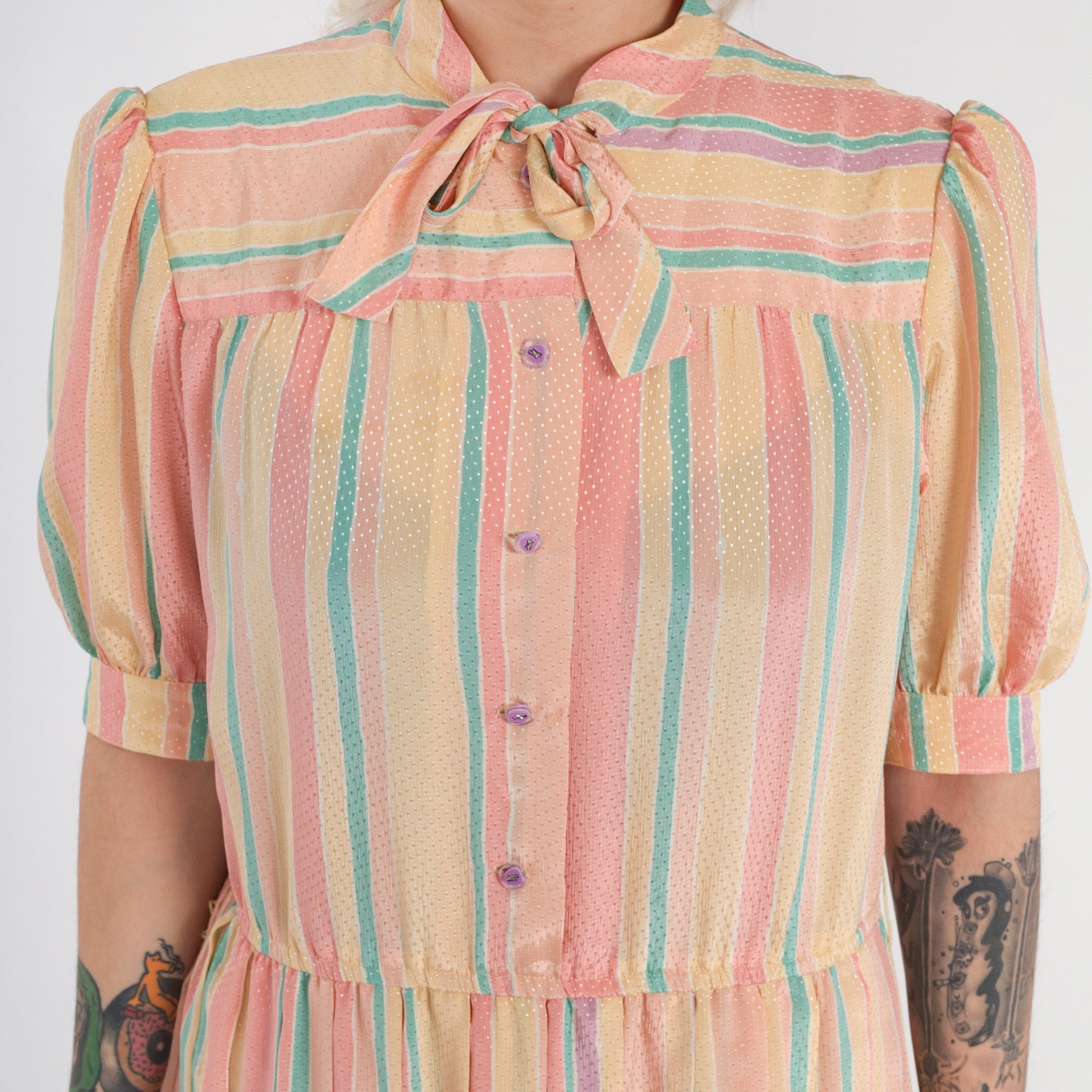 90s Striped Midi Dress Puff Sleeve Button-Up Necktie Bow High Waist Medium M