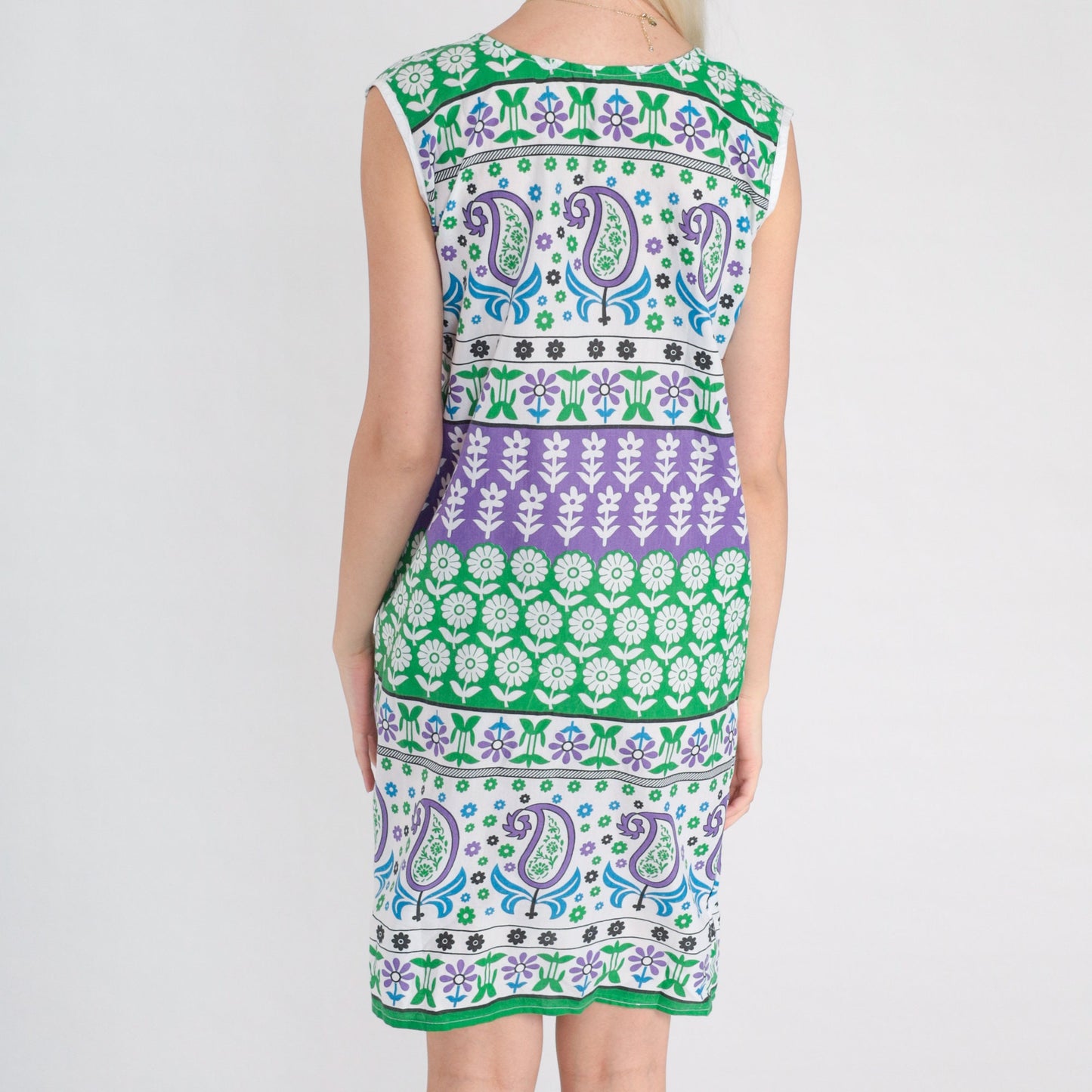 70s Floral Shift Dress Deep V Neck Sleeveless Mini Purple Green White Small
