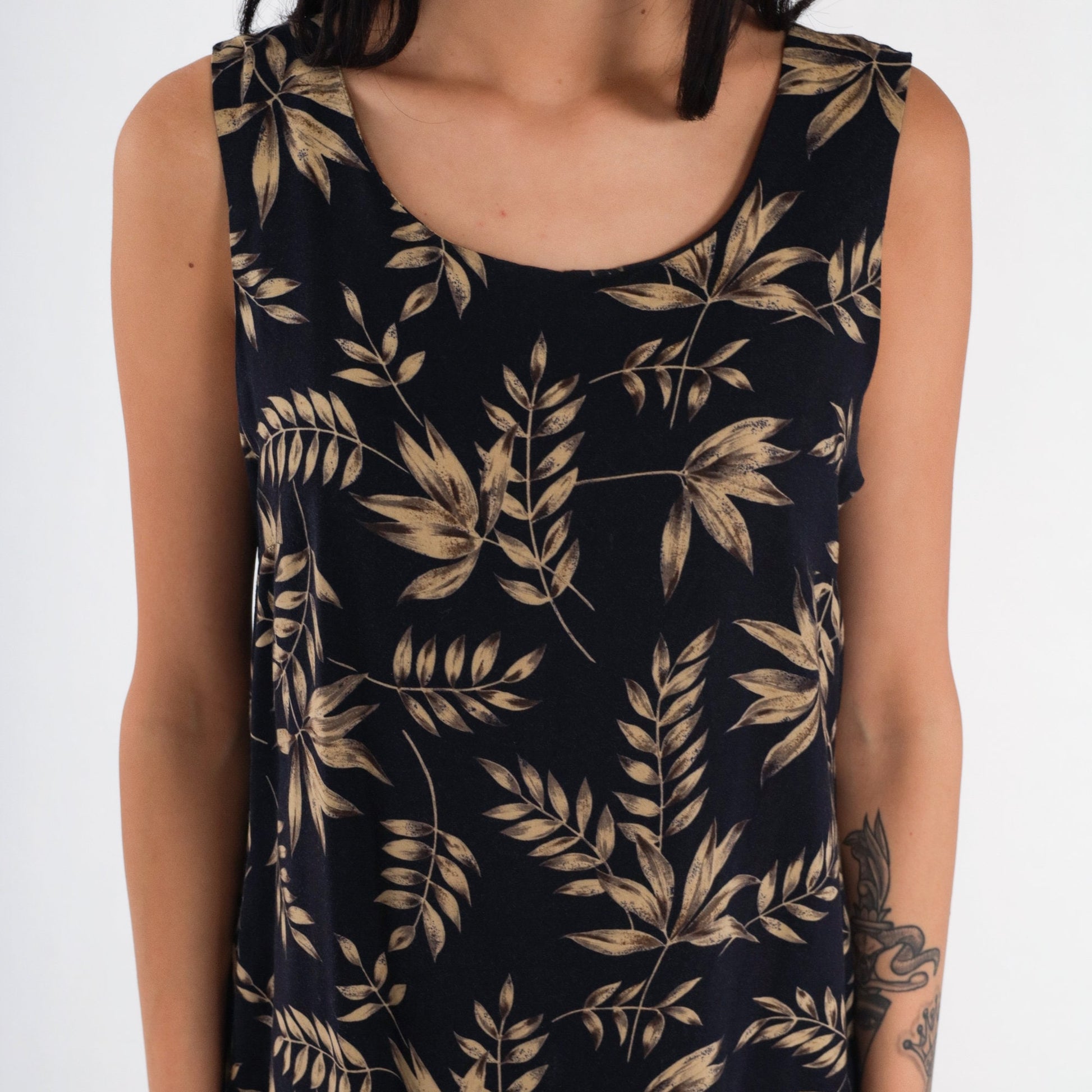 90s Black Leaf Vine Print Sleeveless Dress Knee Length Tank Medium M