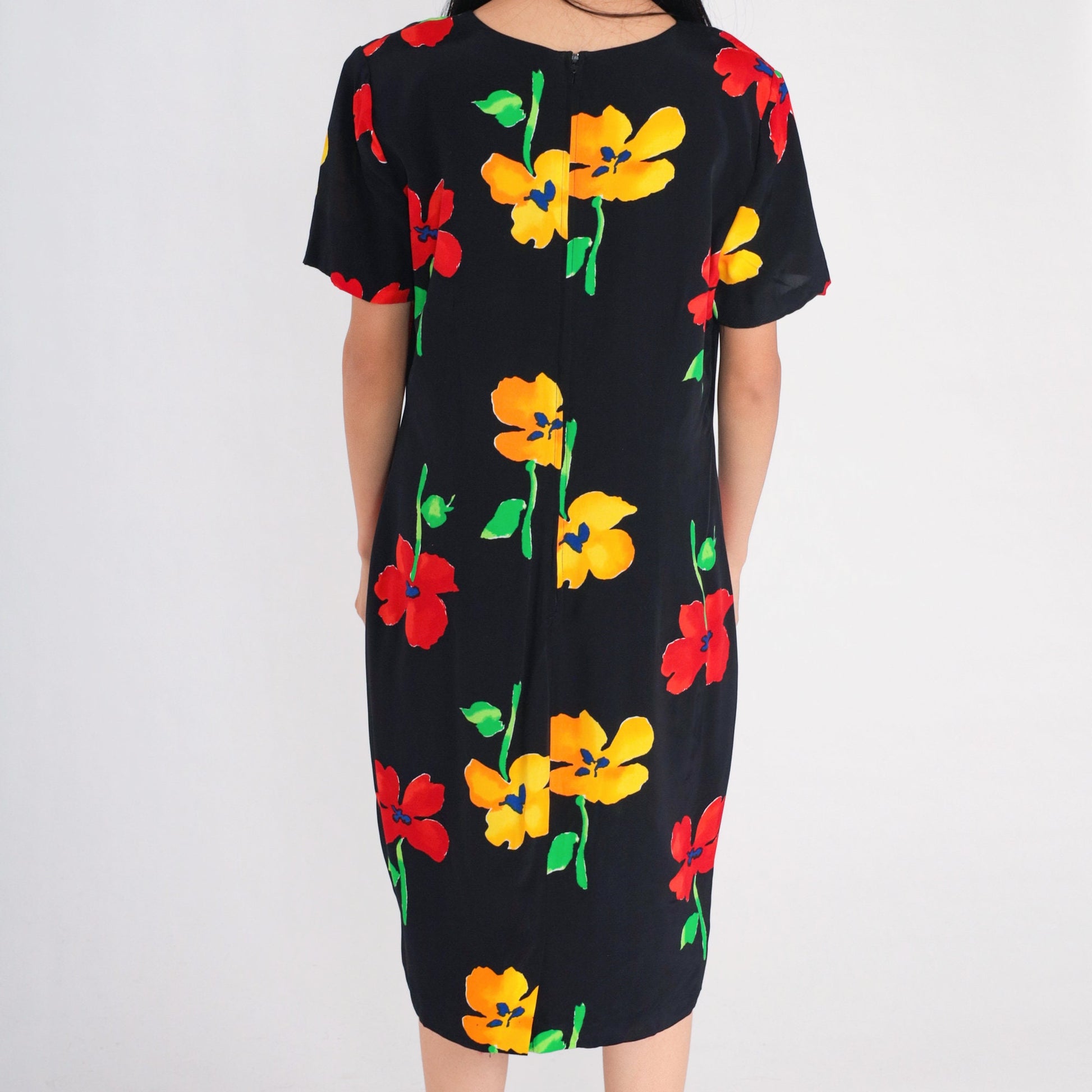 90s Black Poppy Floral Midi Dress Short Sleeve Knee Length Large