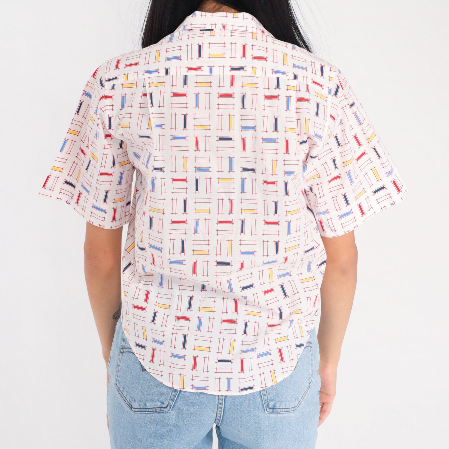 90s White Button Up Blouse Multicolor Geometric Lattice Print Short Sleeve Small