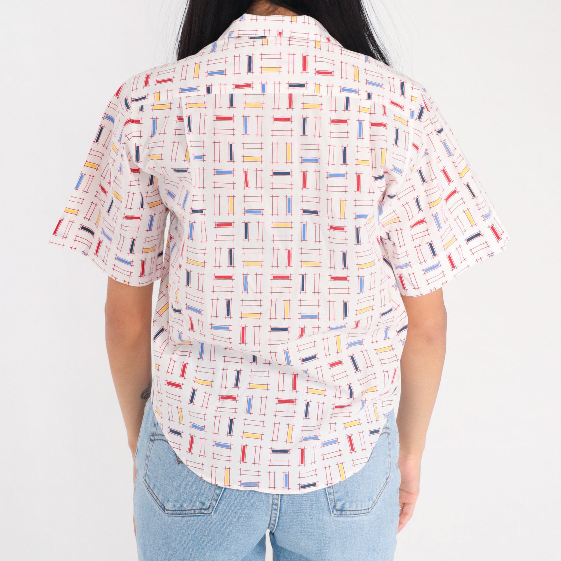 90s White Button Up Blouse Multicolor Geometric Lattice Print Short Sleeve Small
