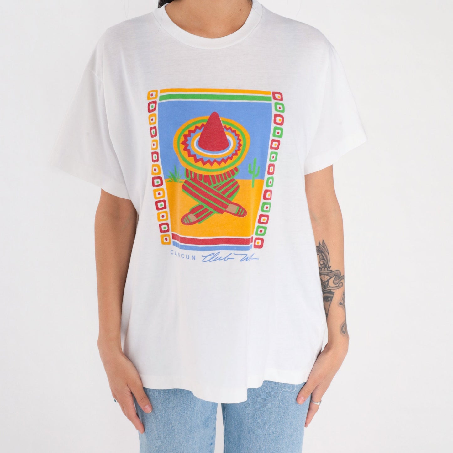 90s Cancun Club Med Graphic T-Shirt Sombrero Cactus Single Stitch XL