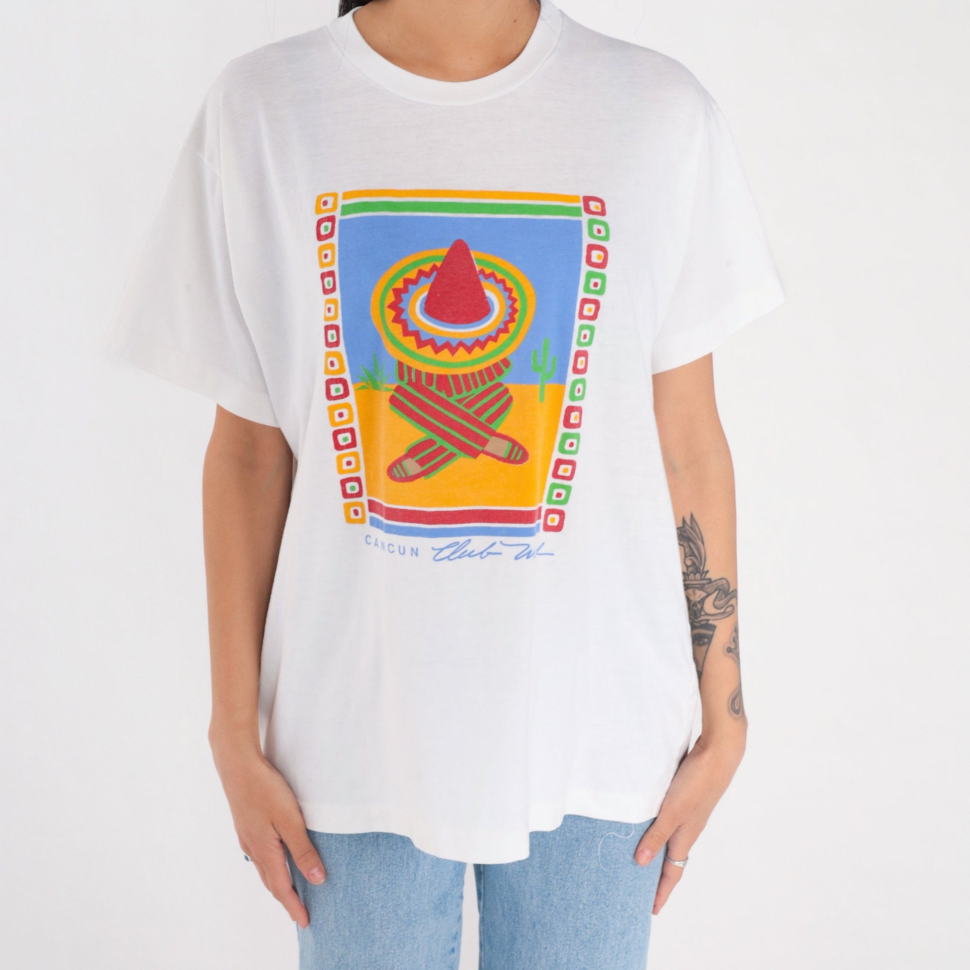 90s Cancun Club Med Graphic T-Shirt Sombrero Cactus Single Stitch XL