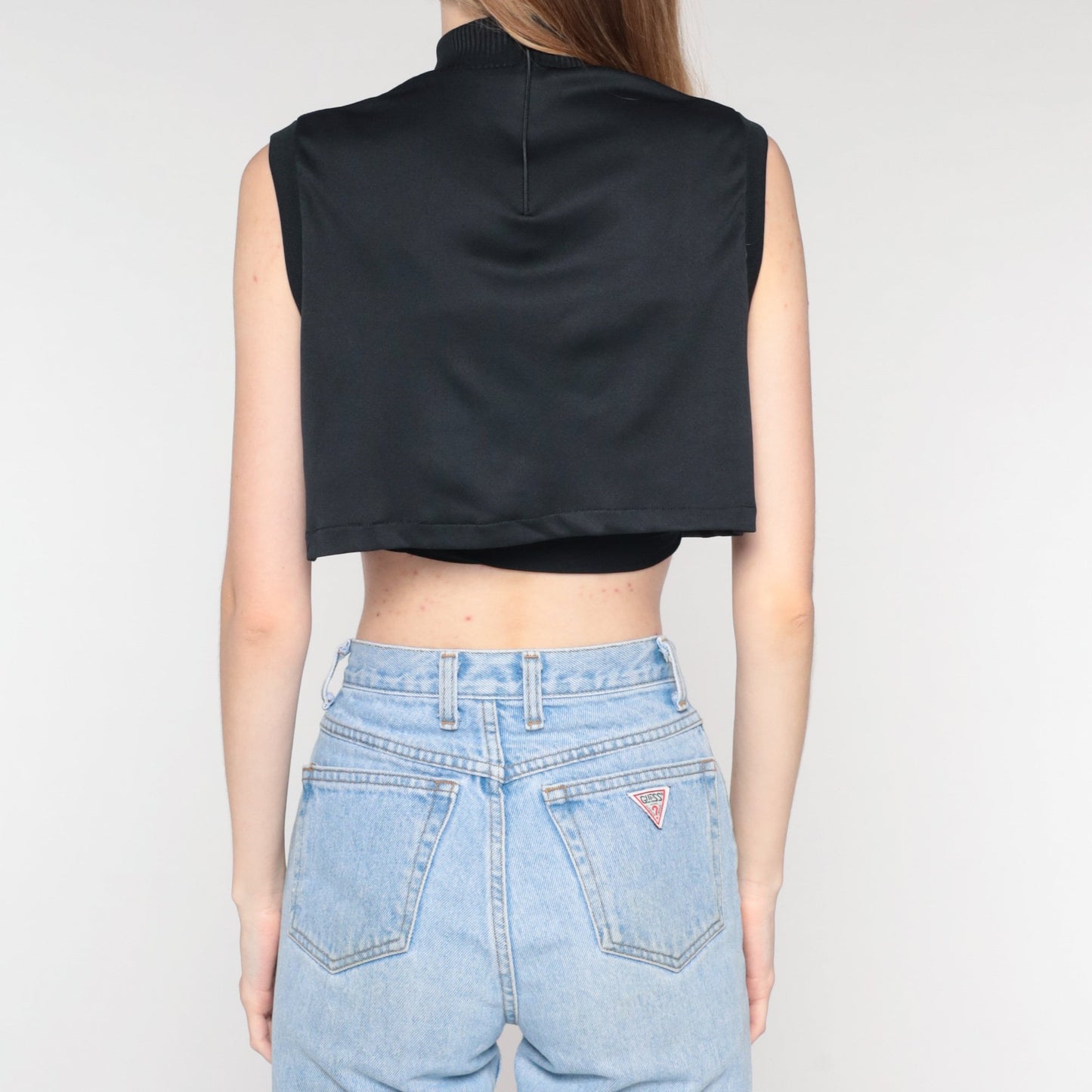 70s Black Mock Neck Crop Tank Top Sleeveless Small S
