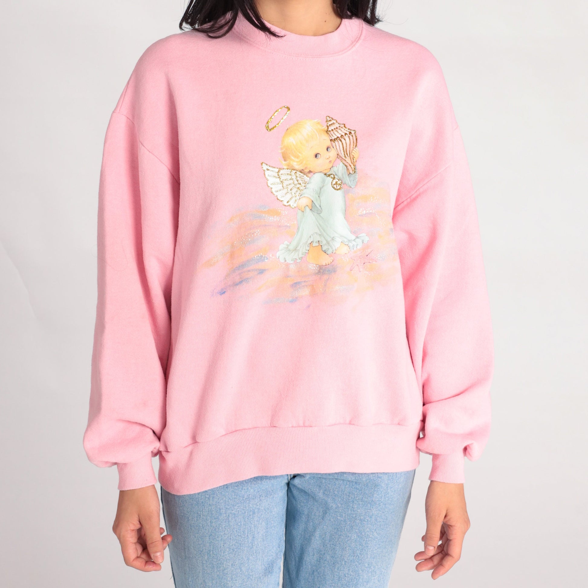 90s Jerzees Baby Angel Beach Sweatshirt Pink Graphic Crewneck Large