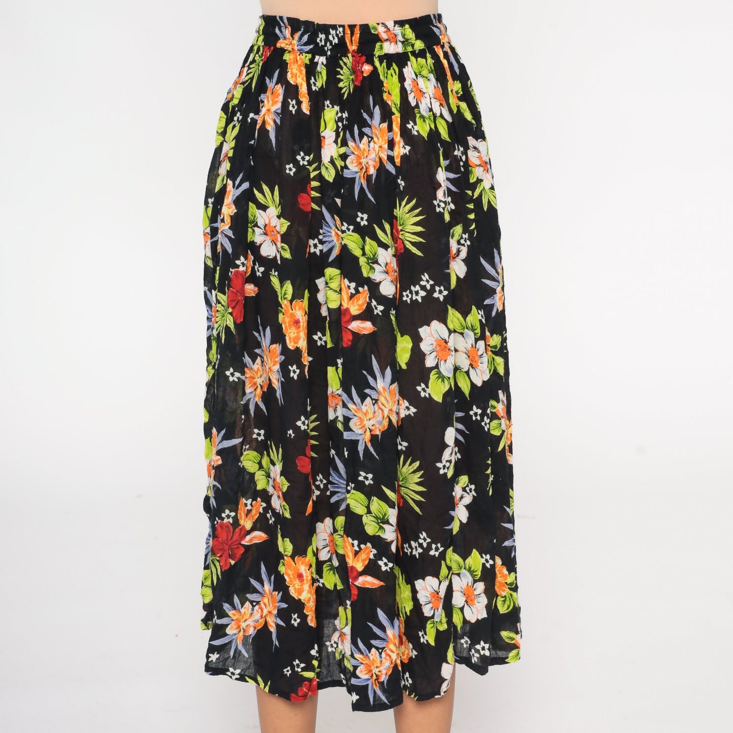 00s Floral Broomstick Midi Skirt Black Tropical Gauze Drawstring One Size