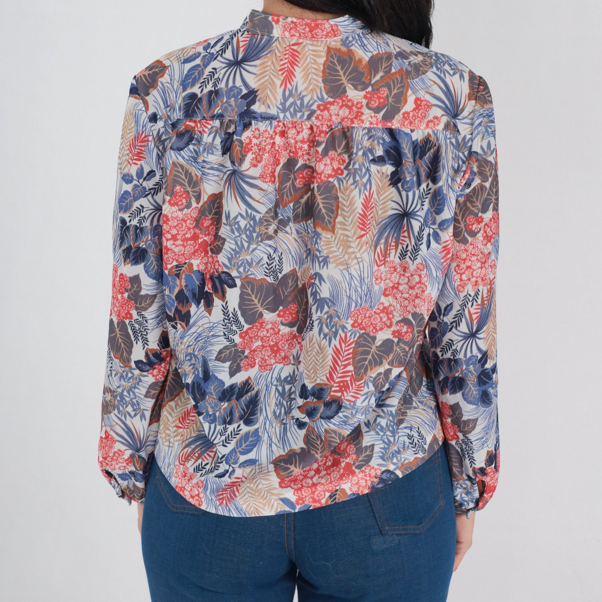 70s Floral Leaf Print Blouse Long Sleeve Half Button Up White Large