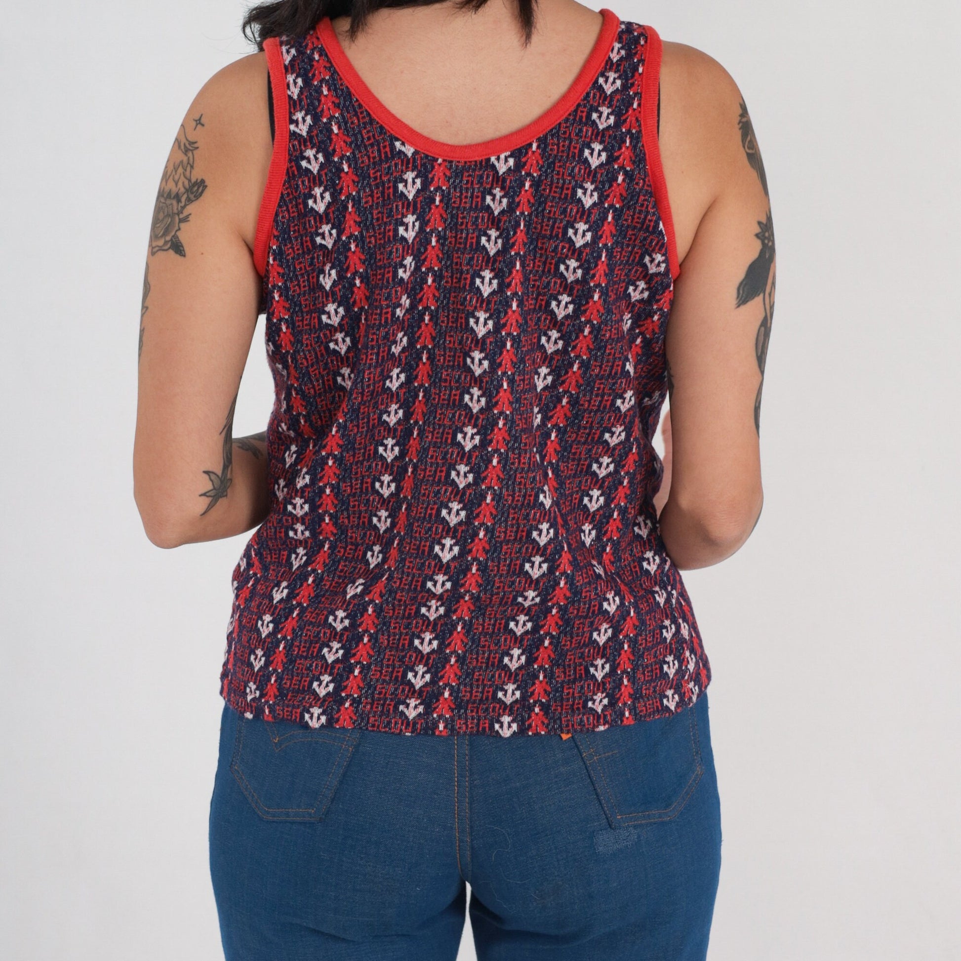 70s Sea Scout Anchor Tank Top Red White Blue Nautical Sleeveless Medium