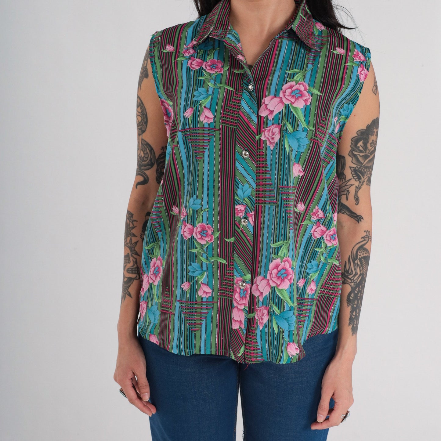 70s Striped Floral Button-Up Tank Top Collared Sleeveless Blouse Large