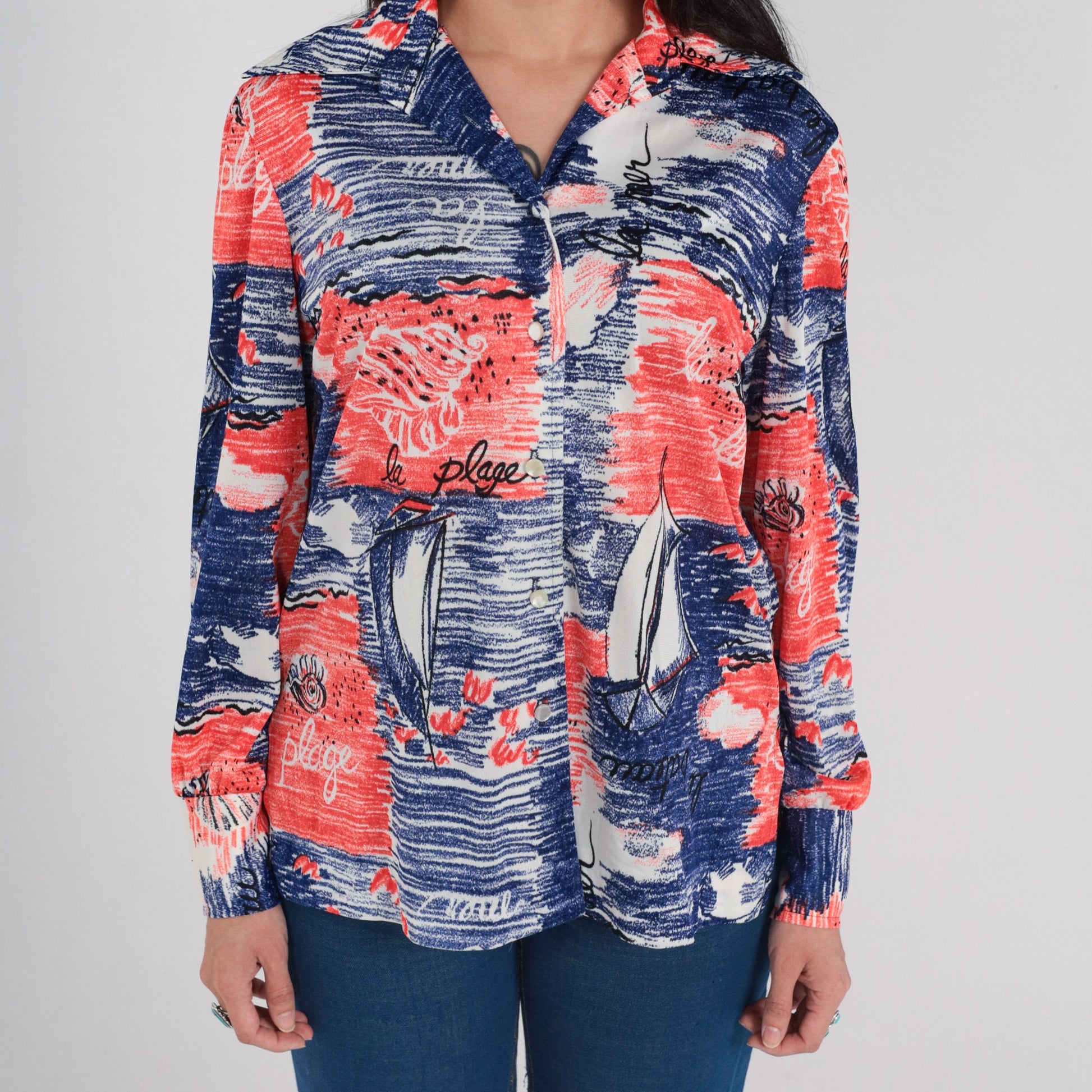70s French Nautical Sailing Print Button-Up Blouse Red White Blue Medium