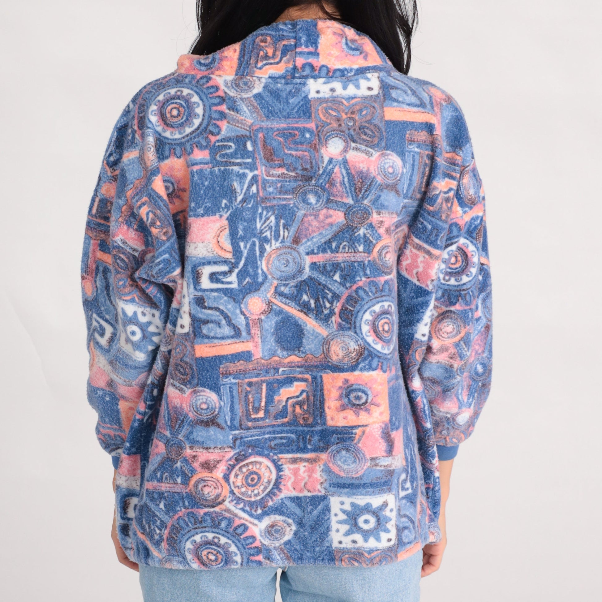 90s Blue Geometric Fleece Pullover Sweatshirt Drawstring Funnel Neck Small S