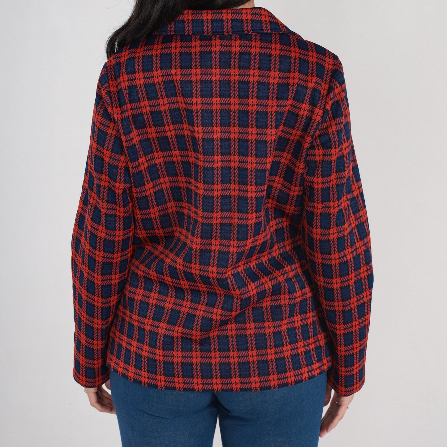 70s Plaid Blazer Red Blue Checkered Notched Collar Button Up Medium