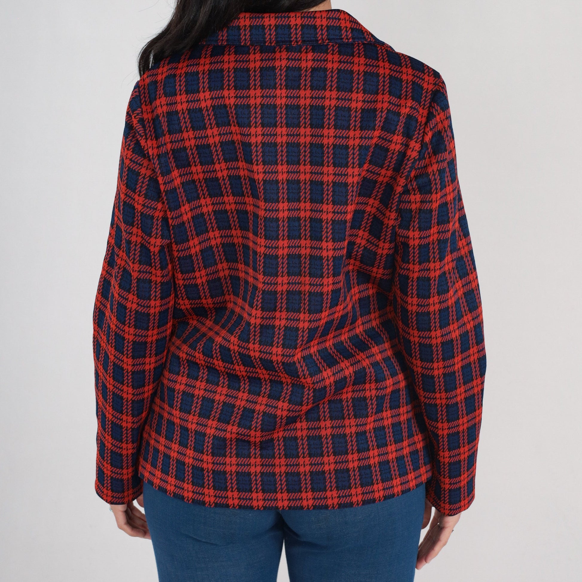 70s Plaid Blazer Red Blue Checkered Notched Collar Button Up Medium